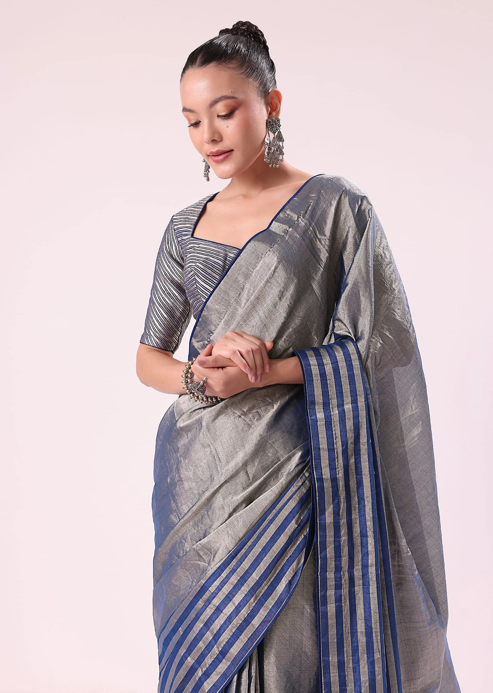 Blue And Silver Half Striped Chanderi Saree Wiith Stitched Blouse - Image 2