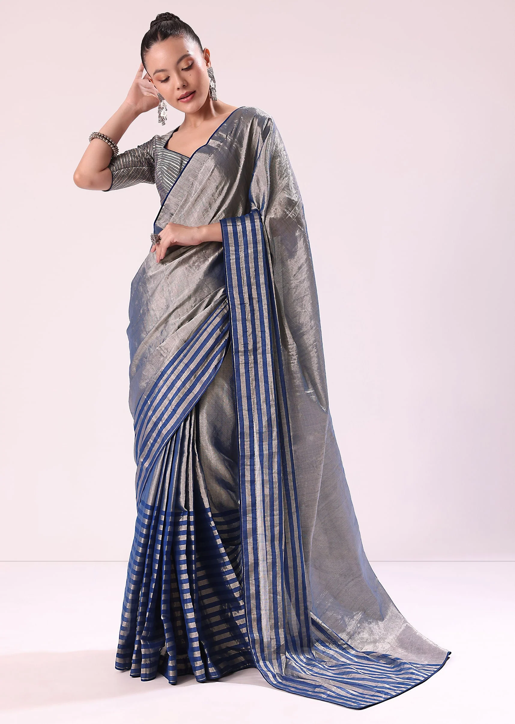 Blue And Silver Half Striped Chanderi Saree Wiith Stitched Blouse - Image 3