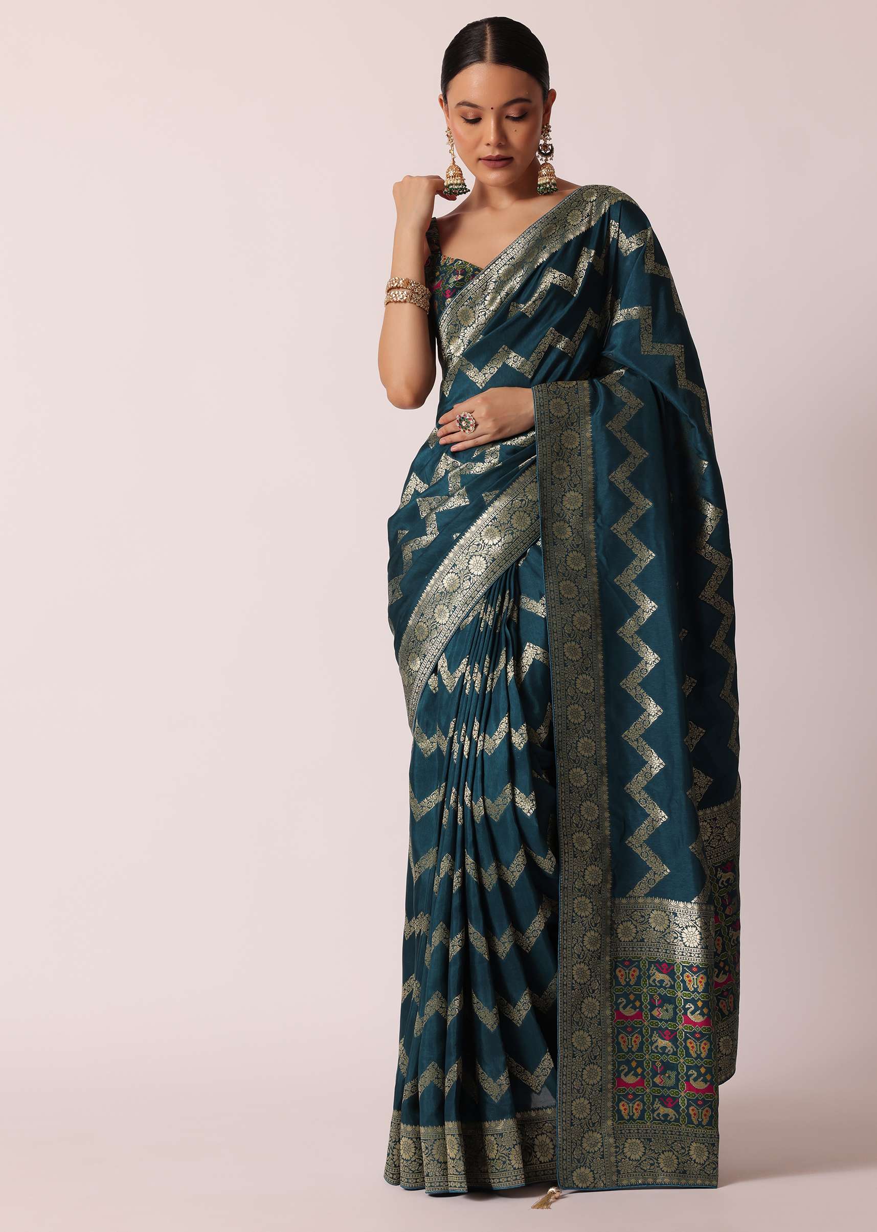 Blue Banarasi Silk Saree With Meenakari Work And Unstitched Blouse Piece - Image 3