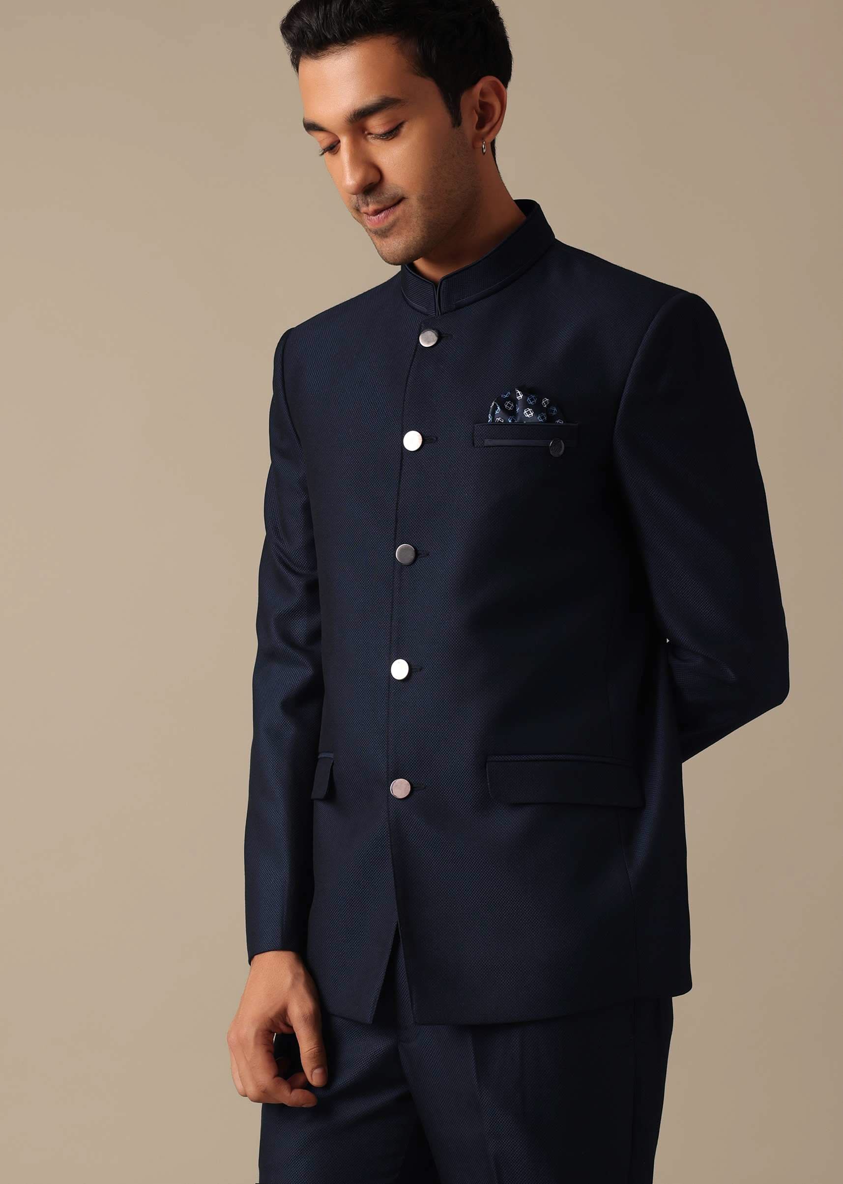Blue Bandhgala Jodhpuri And Pant Set In Terry Rayon - Image 3