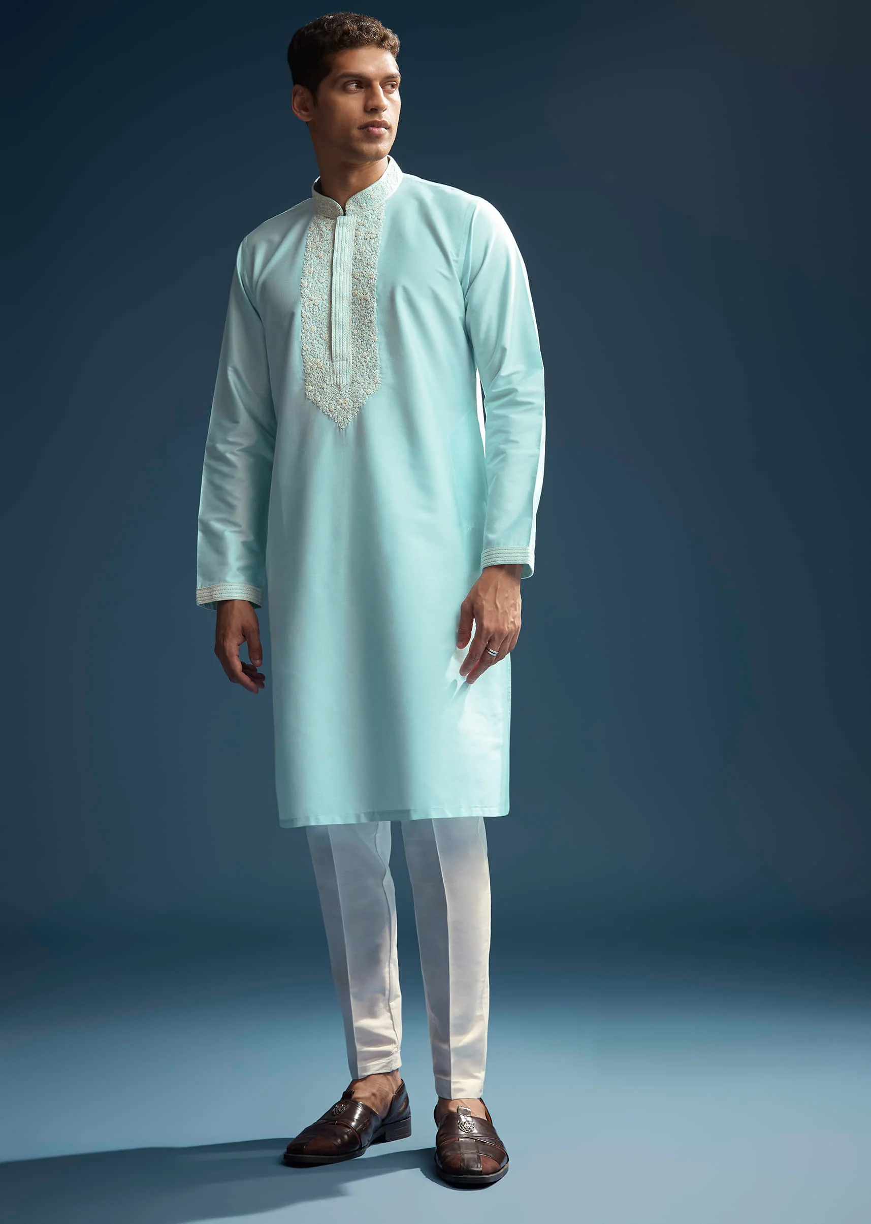 Blue Chanderi Kurta Set For Men With Kashmiri Hand Work