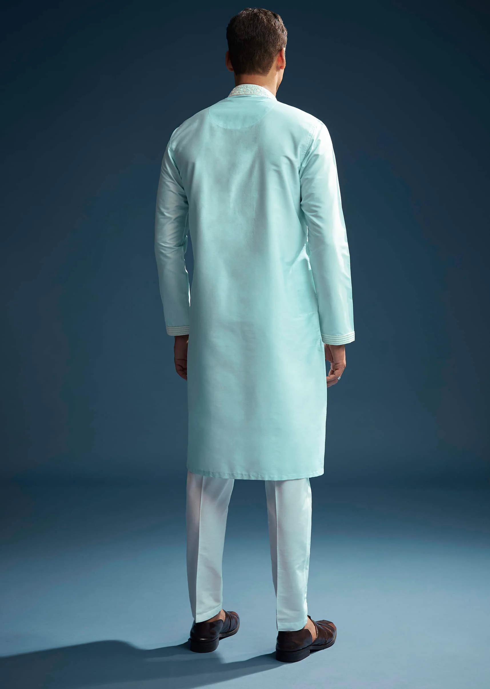 Blue Chanderi Kurta Set For Men With Kashmiri Hand Work - Image 5