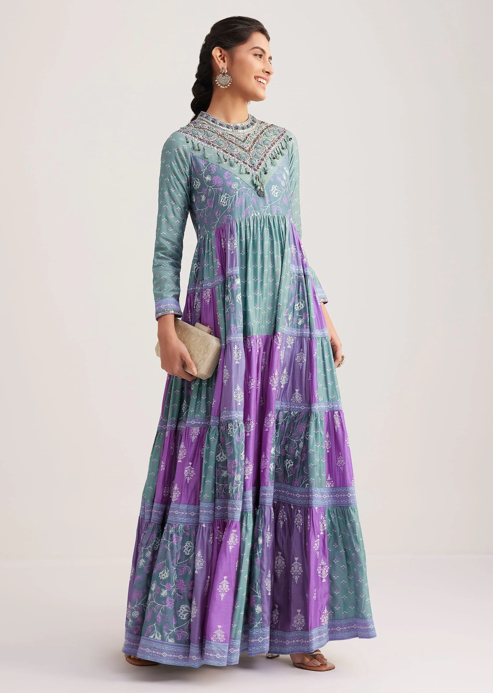 Blue Chanderi Kurti With Purple Block Print - Image 3