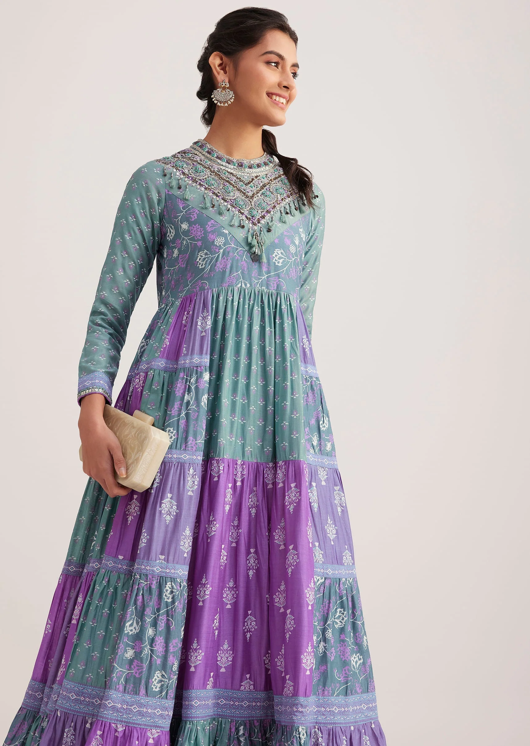 Blue Chanderi Kurti With Purple Block Print - Image 4