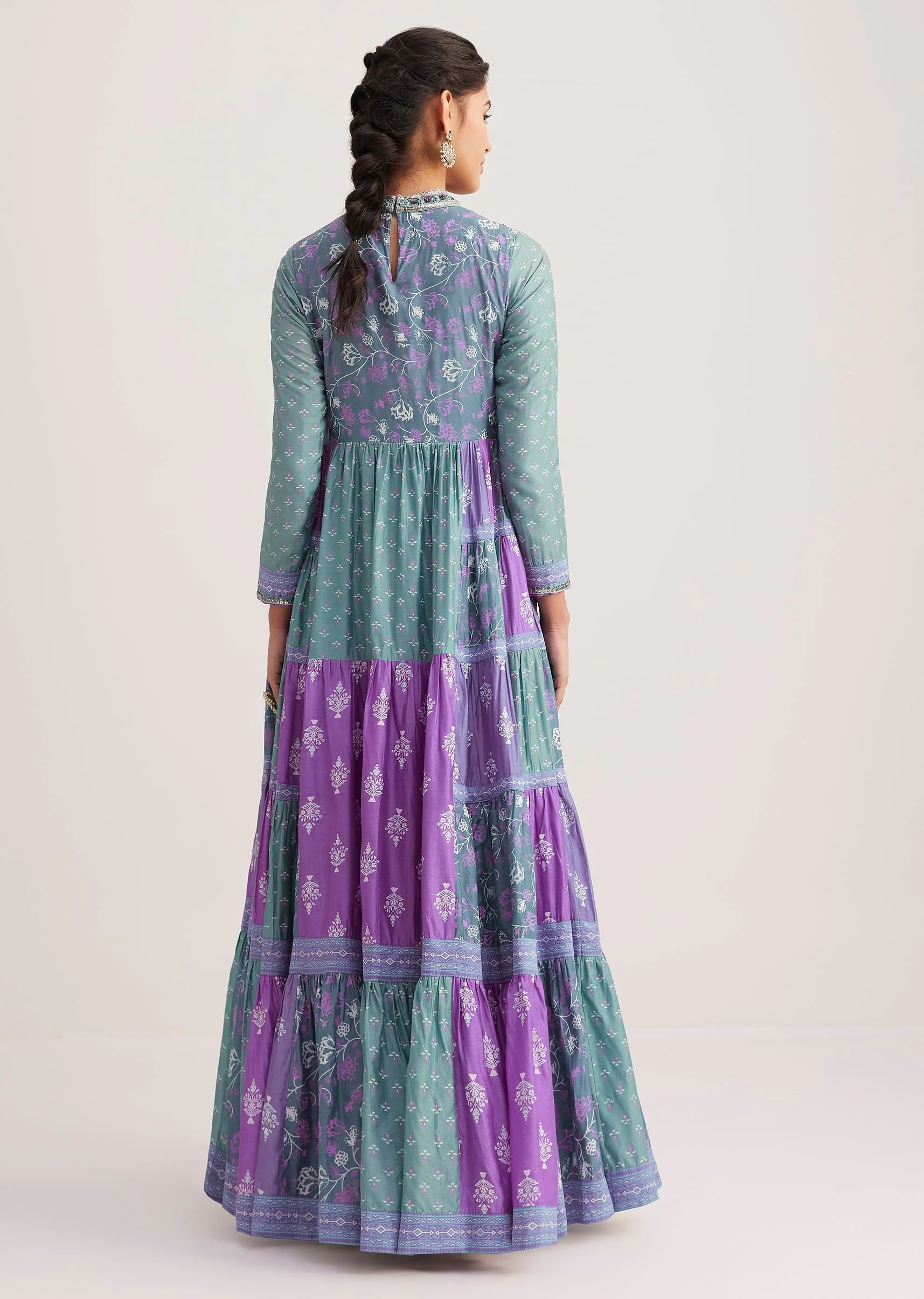Blue Chanderi Kurti With Purple Block Print - Image 5