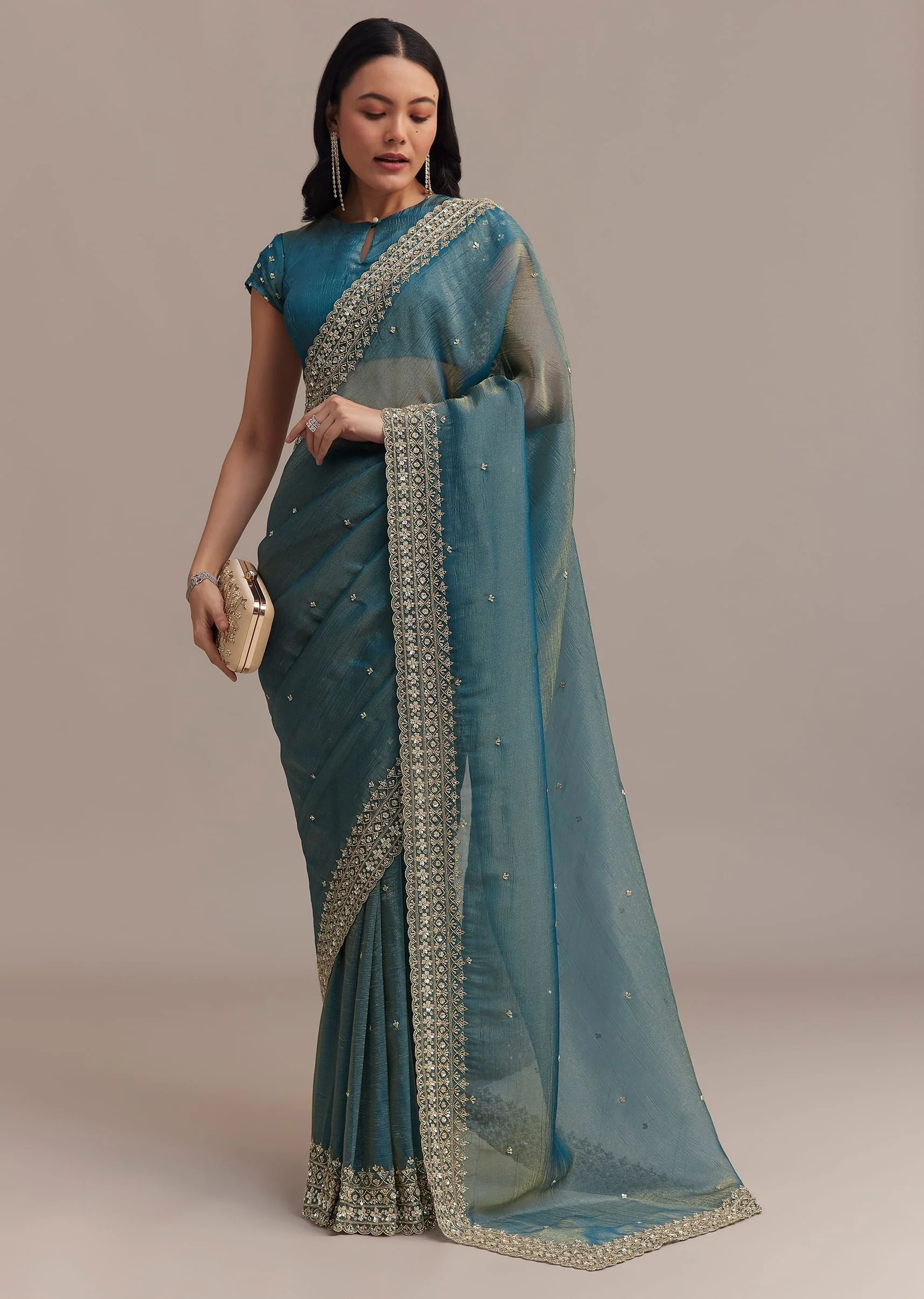 Blue Crushed Tissue Saree With Scallop Embellished Border - Image 3