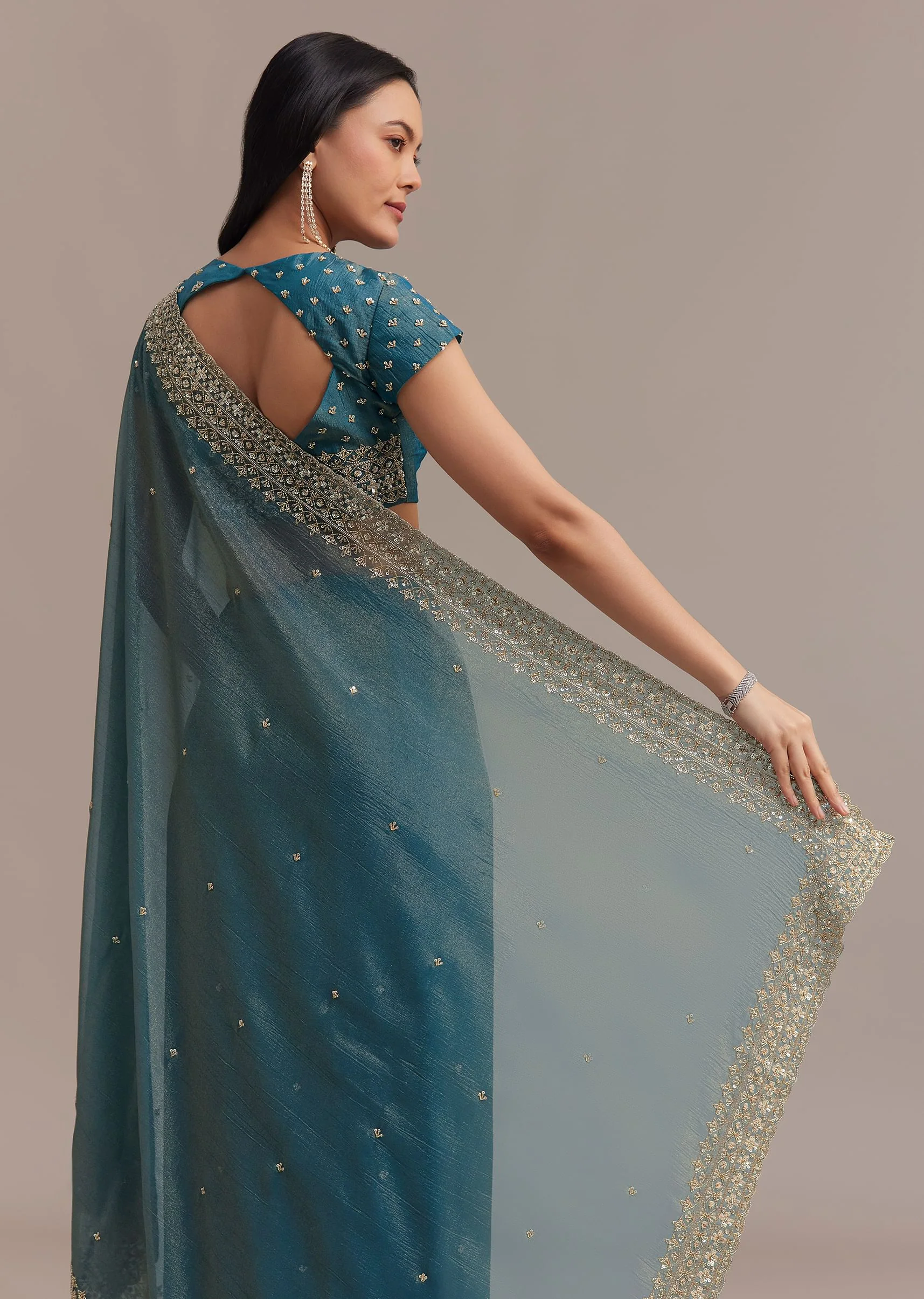 Blue Crushed Tissue Saree With Scallop Embellished Border - Image 6