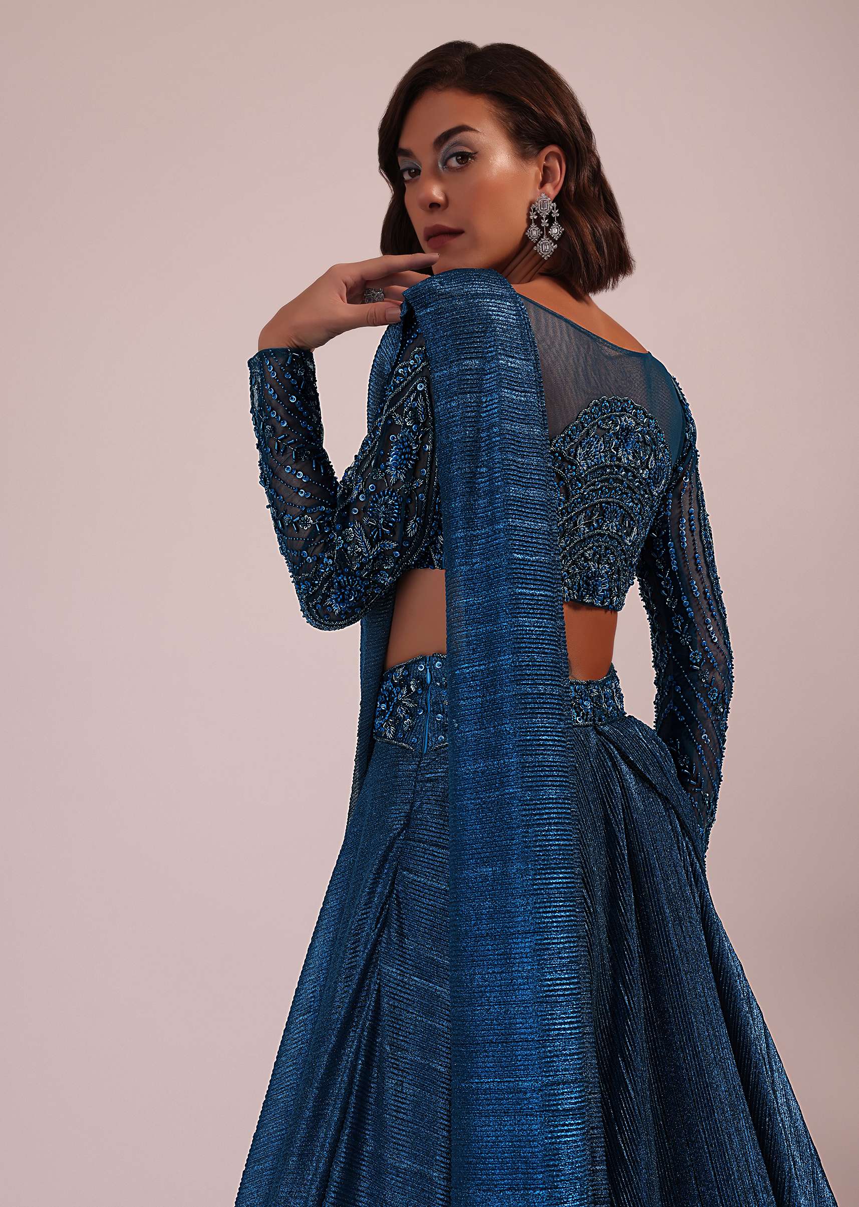 Blue Embroidered Bridesmaid Drape Saree And Blouse Set In Crushed Shimmer - Image 6