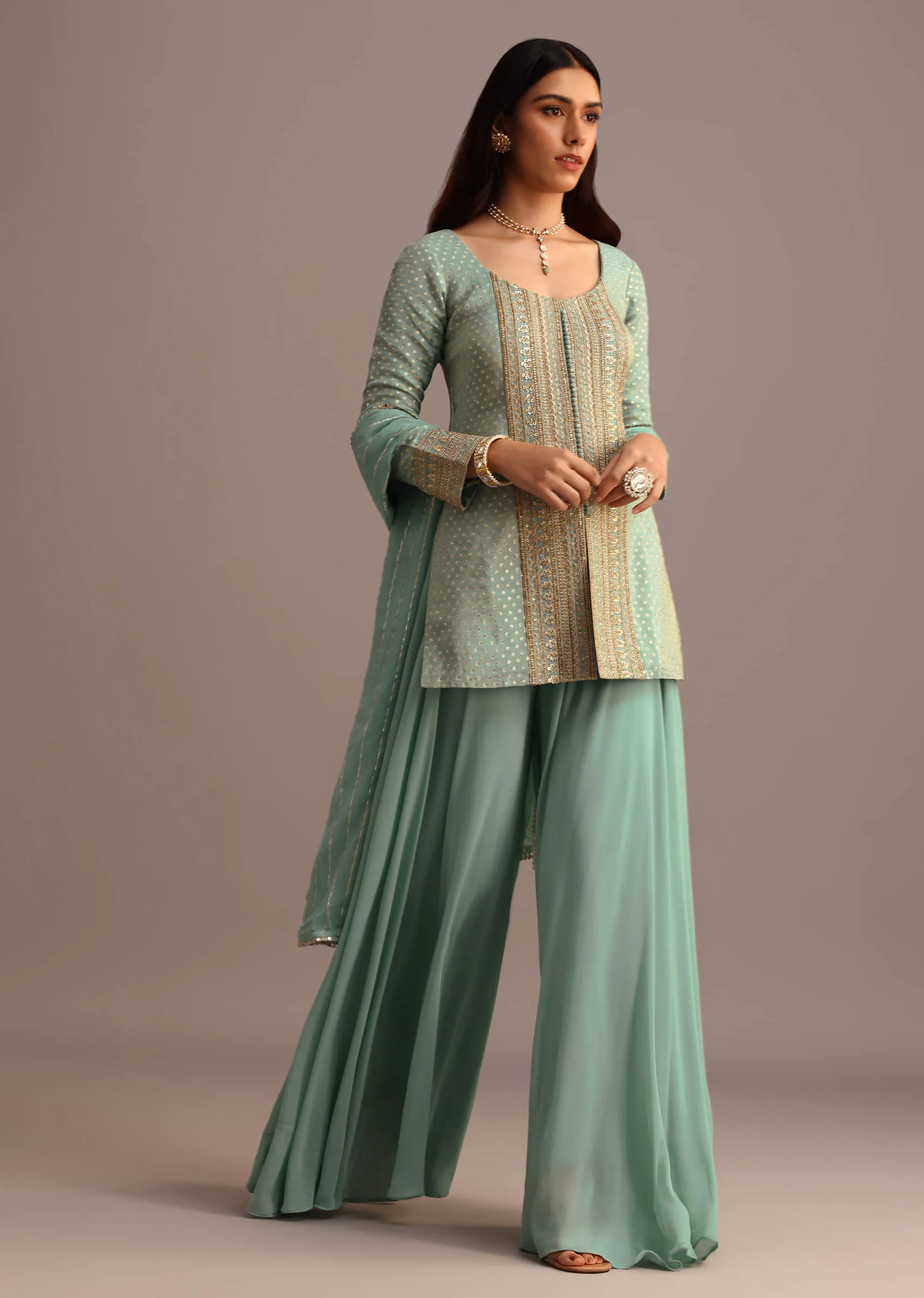 Blue Embroidered Kurti Set With Dupatta - Image 7