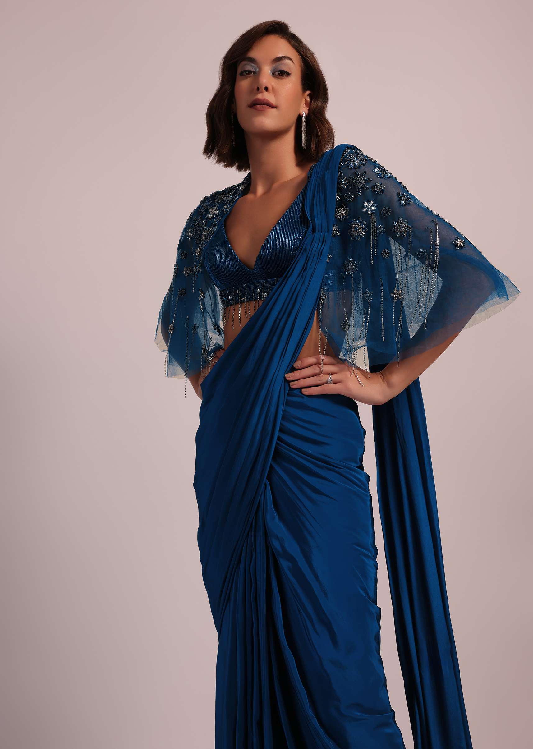 Blue Hand Embroidered Ready Pleated Saree And Blouse In Crepe - Image 10