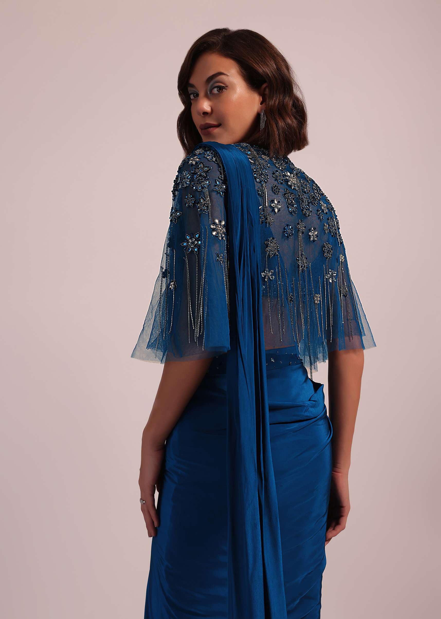 Blue Hand Embroidered Ready Pleated Saree And Blouse In Crepe - Image 13