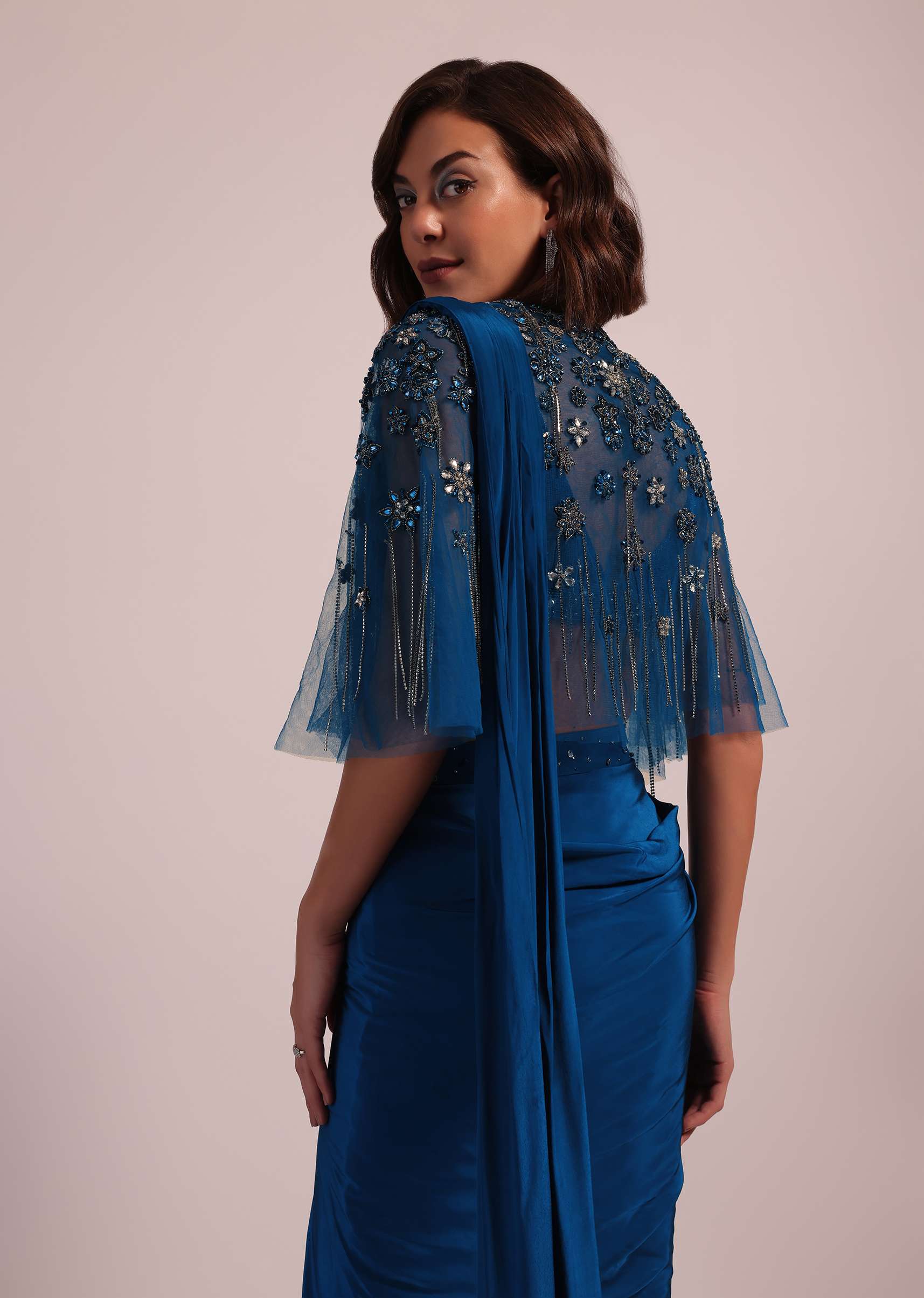 Blue Hand Embroidered Ready Pleated Saree And Blouse In Crepe - Image 5