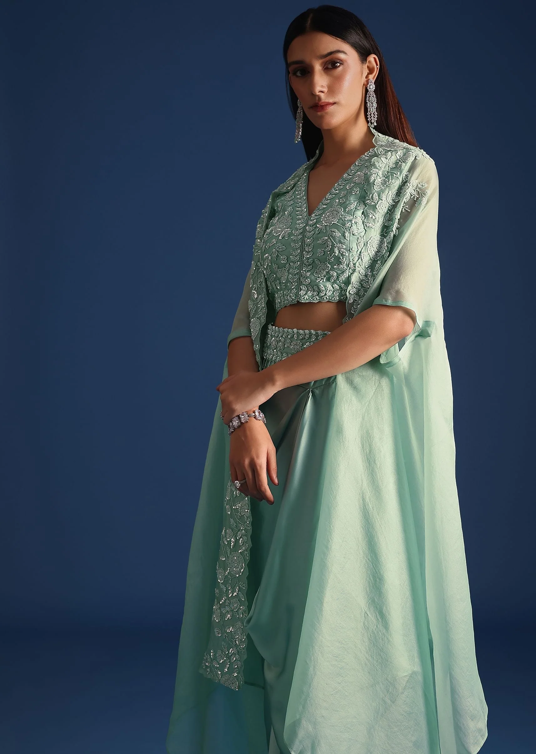 Blue Jacket With Draped Satin Skirt And Crop Top - Image 4