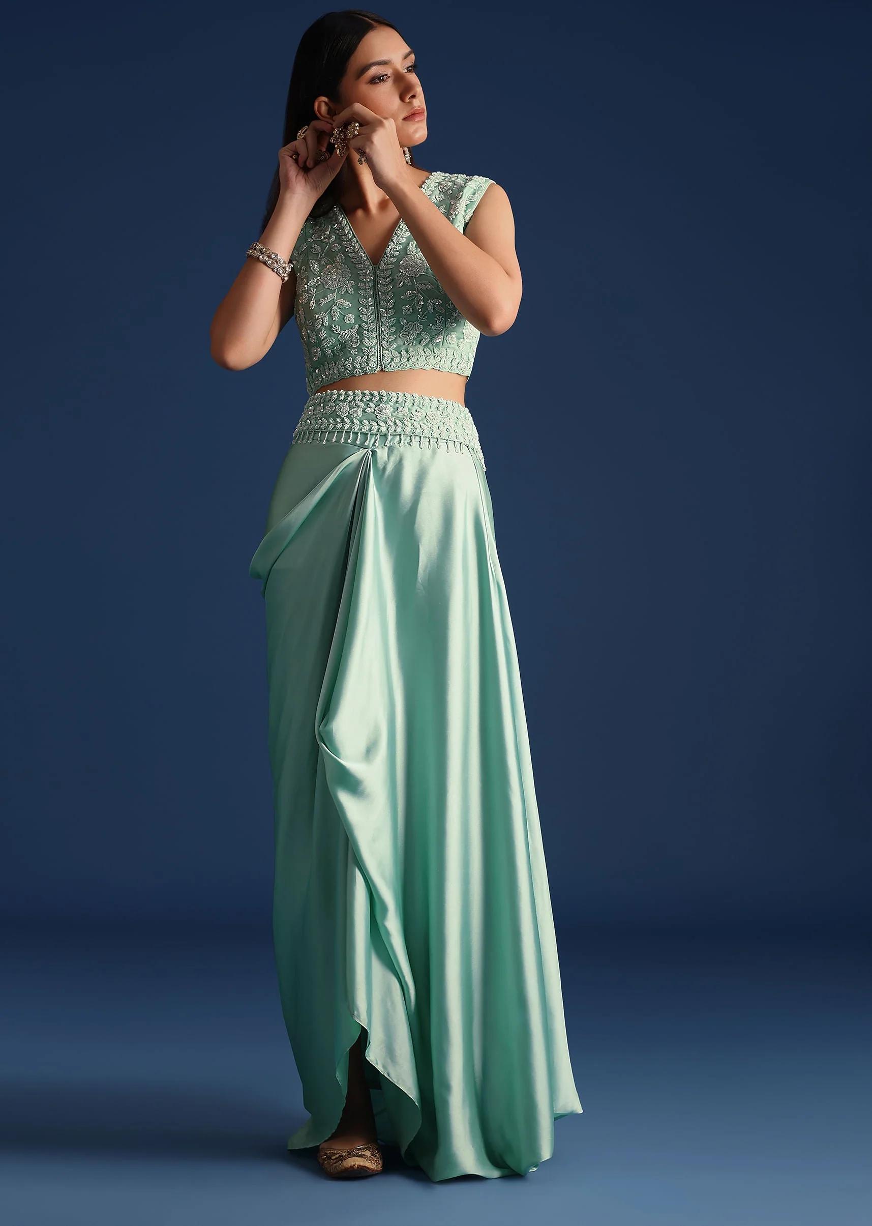 Blue Jacket With Draped Satin Skirt And Crop Top - Image 6