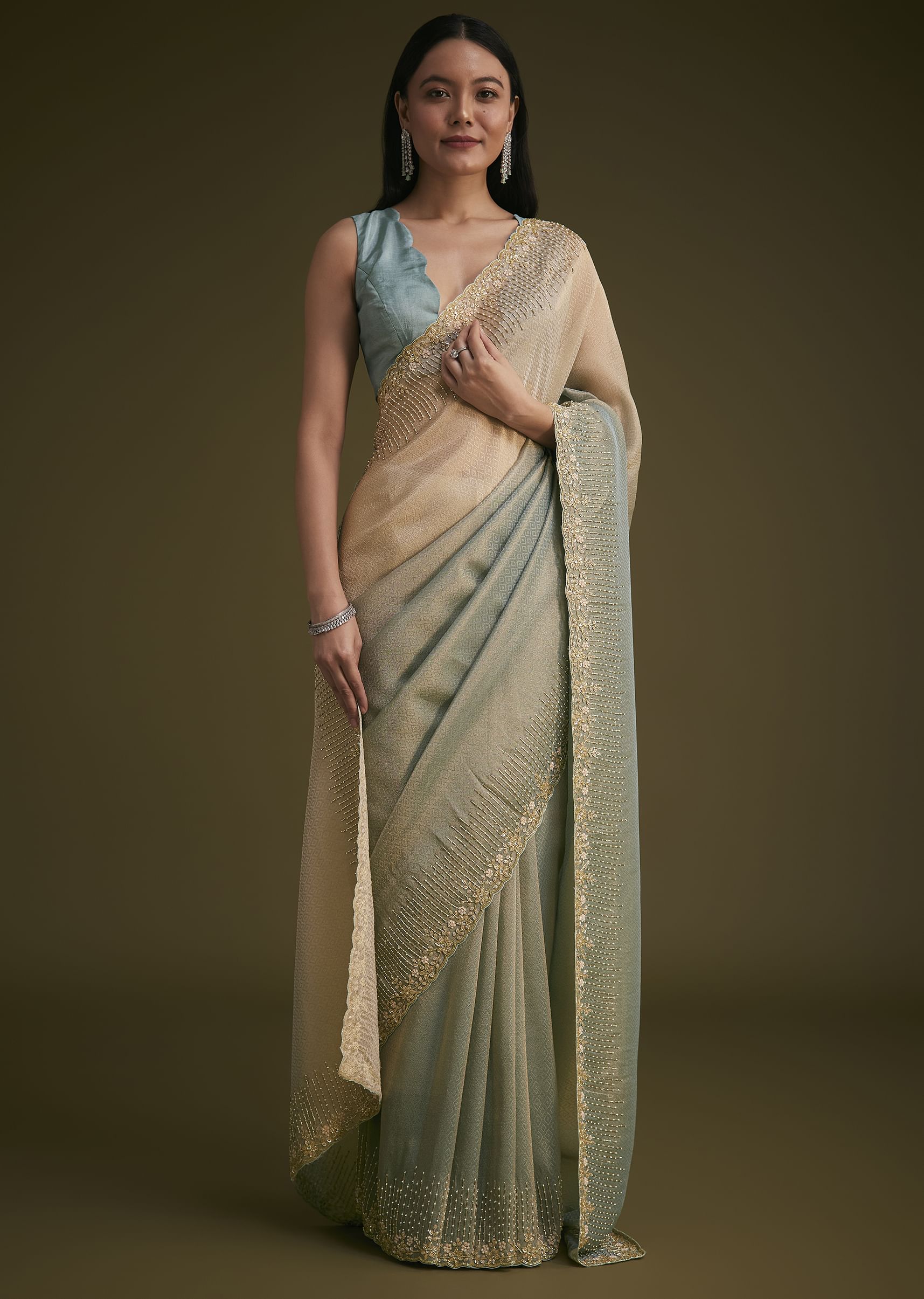 Blue Jacquard Saree With Cutdana And Stones Embroidery - Image 5