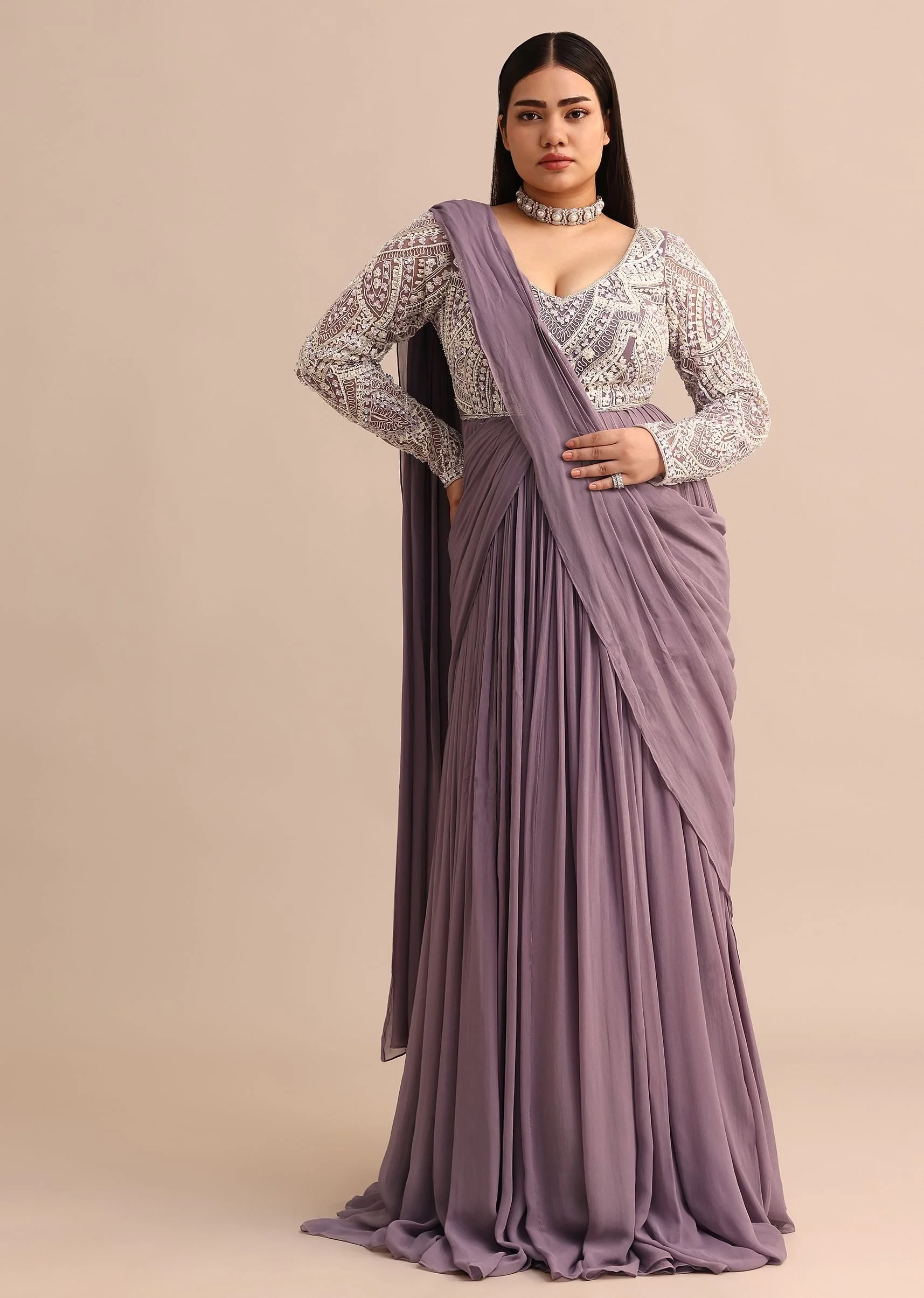 Blue Lilac Pre Drape Suit With Pearl Work - Image 3