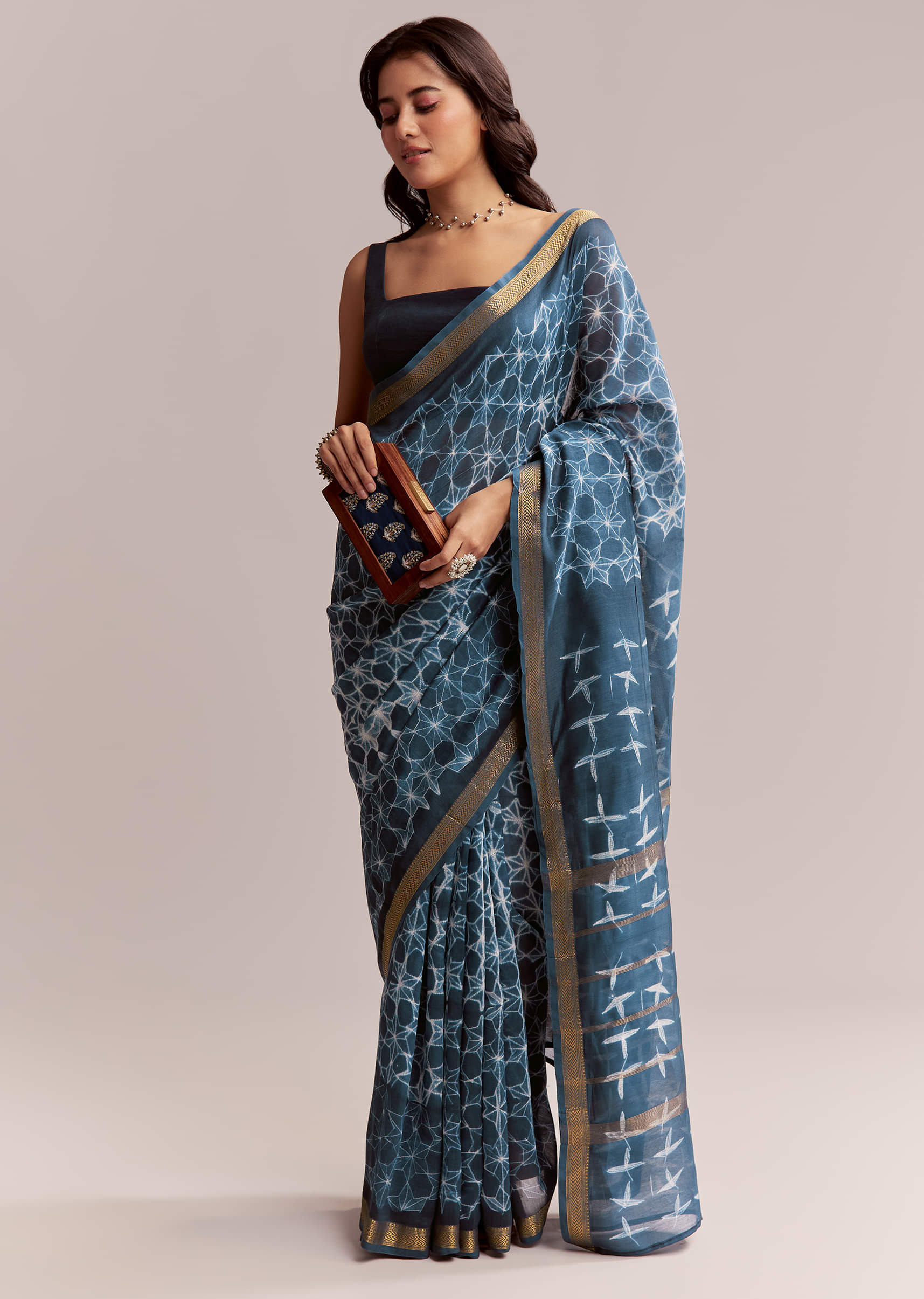 Blue Linen Printed Saree With Hand Dyed Shibori Print - Image 10