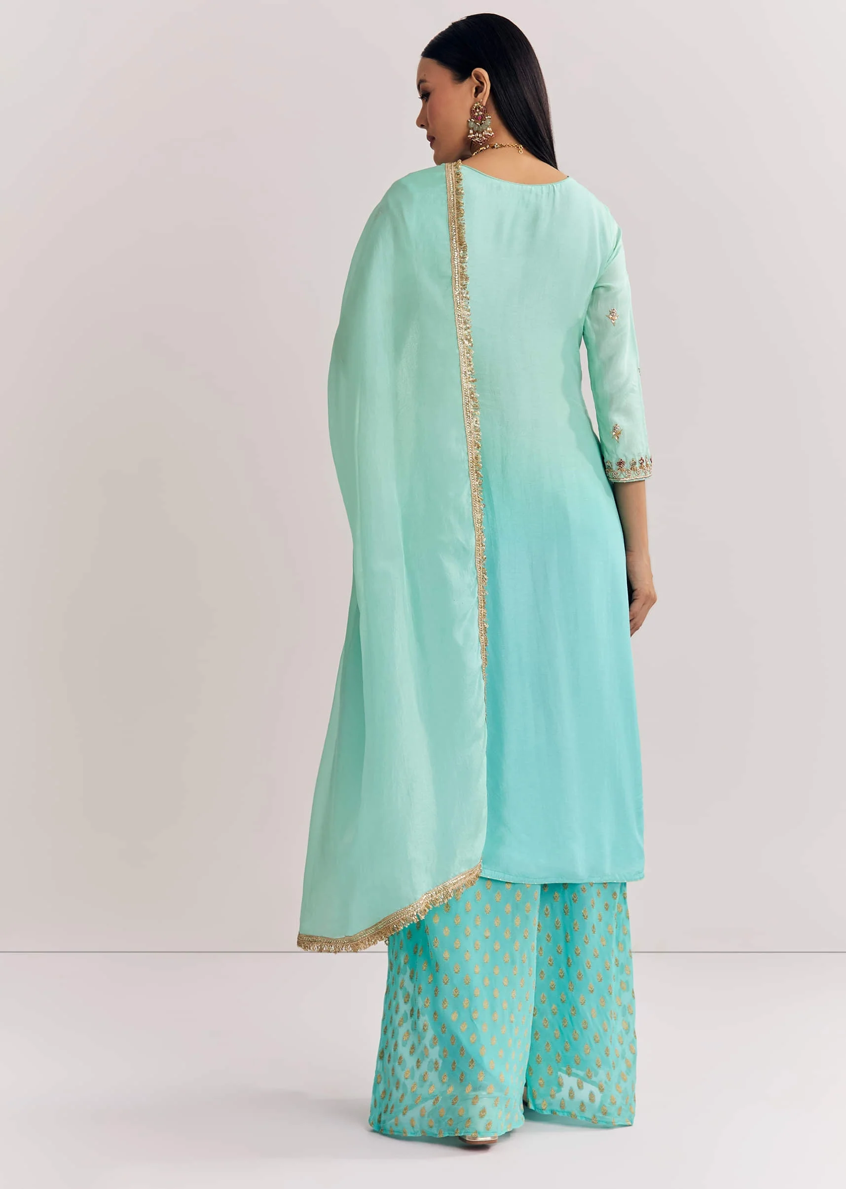 Blue Ombre Kurta Palazzo Suit With Zardosi And Sequins Work - Image 5