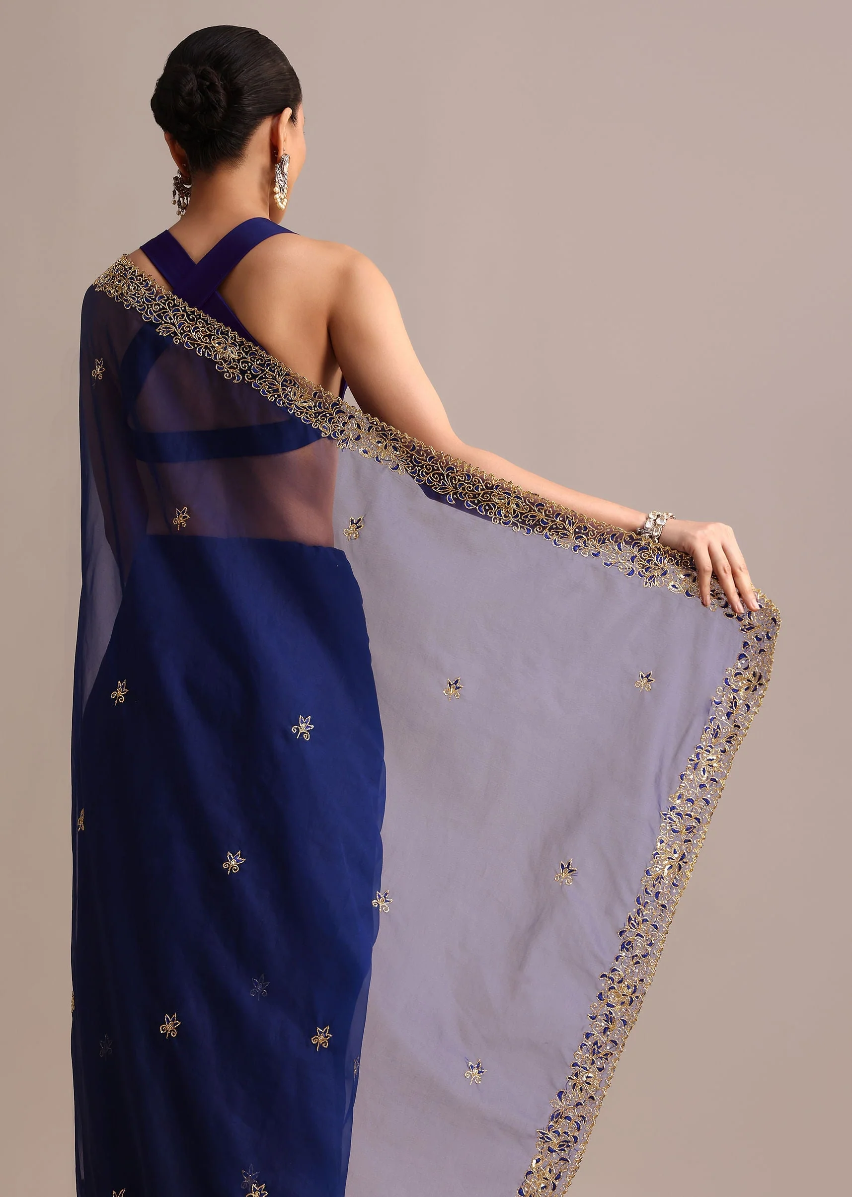 Blue Organza Cutdana Embroidered Saree With Unstitched Blouse - Image 6