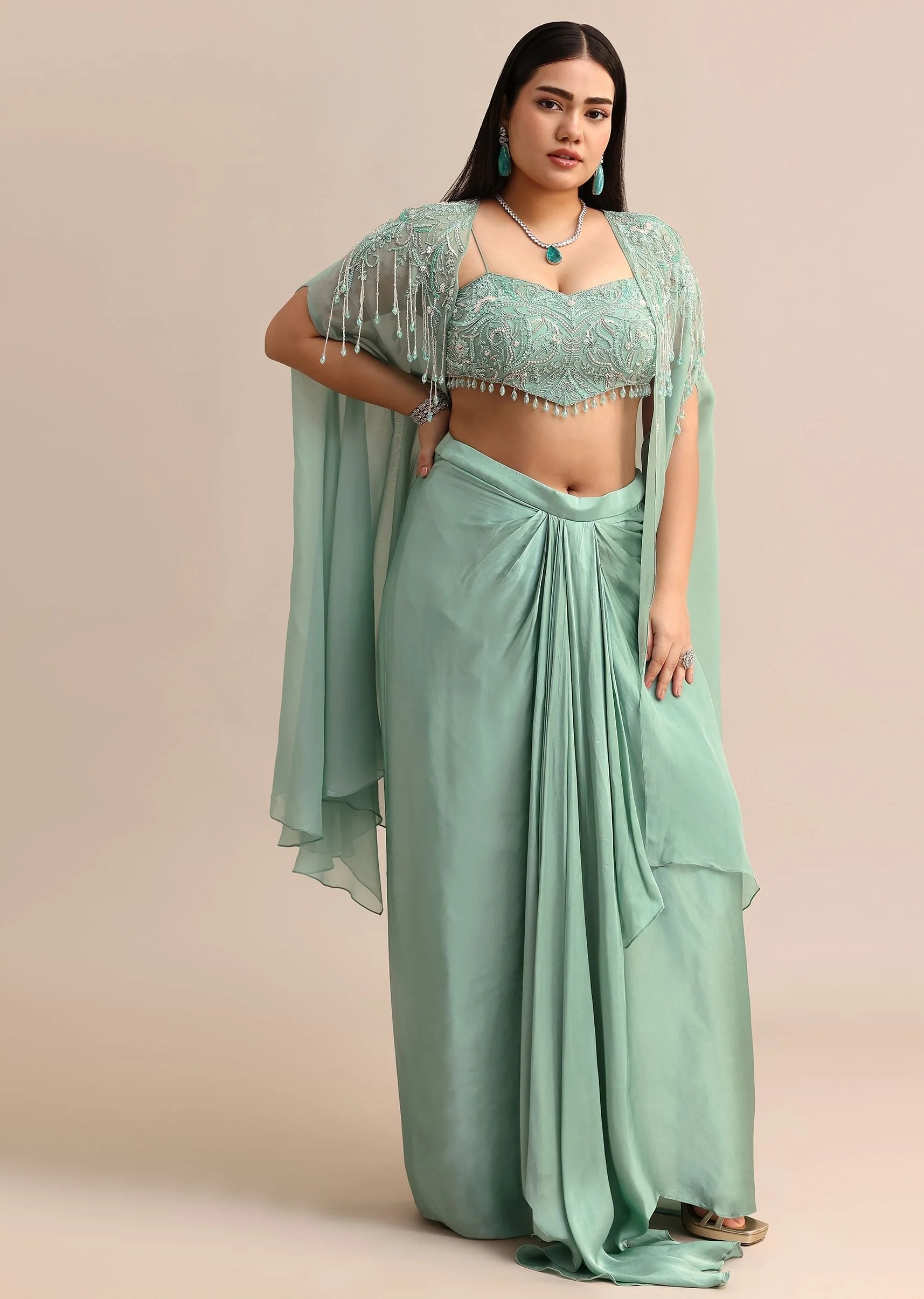 Blue Pleated Drape Skirt And Embellished Cape With Tassels - Image 3