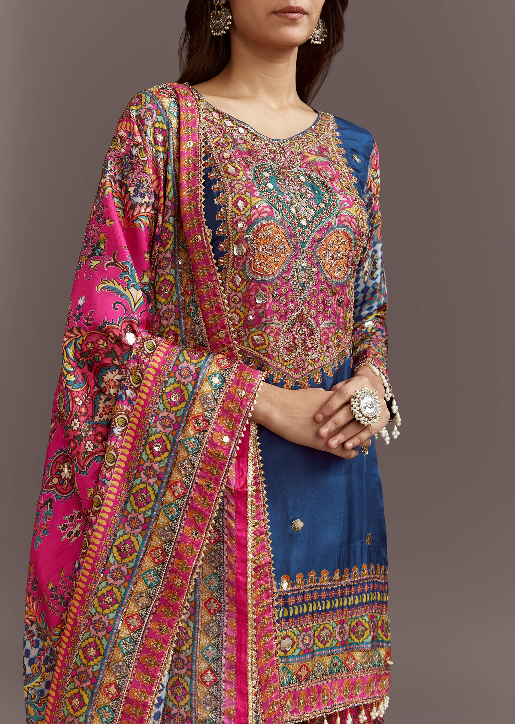 Blue Printed Kurta Palazzo Set With Gotta Lace And Sequins Work - Image 4