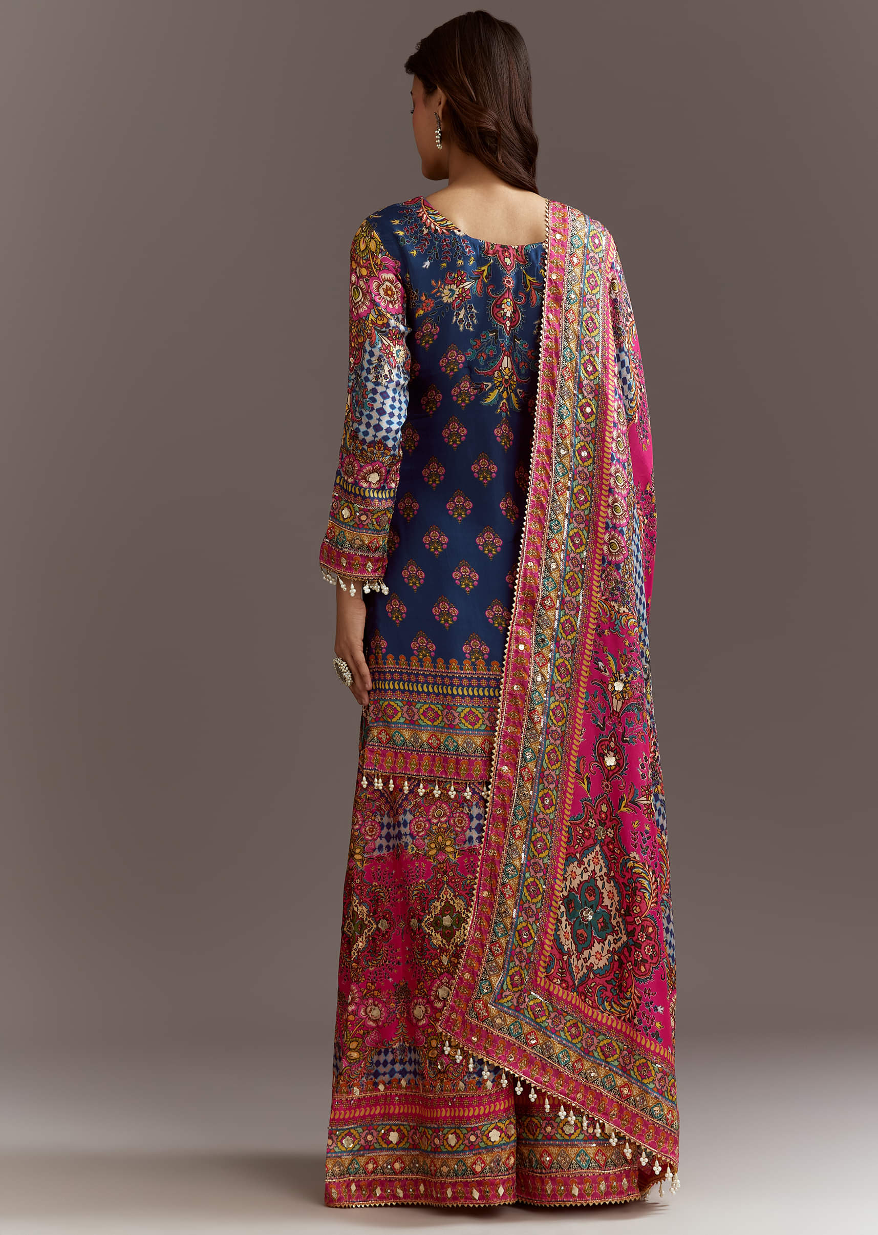 Blue Printed Kurta Palazzo Set With Gotta Lace And Sequins Work - Image 5