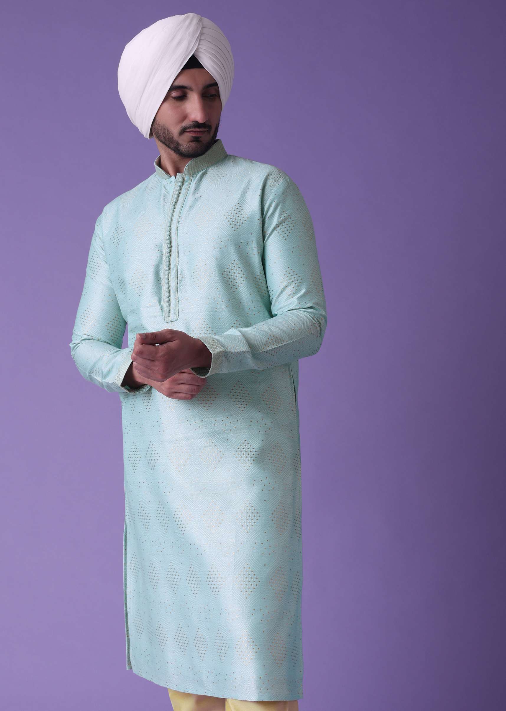 Blue Printed Kurta Set In Cotton Silk - Image 3