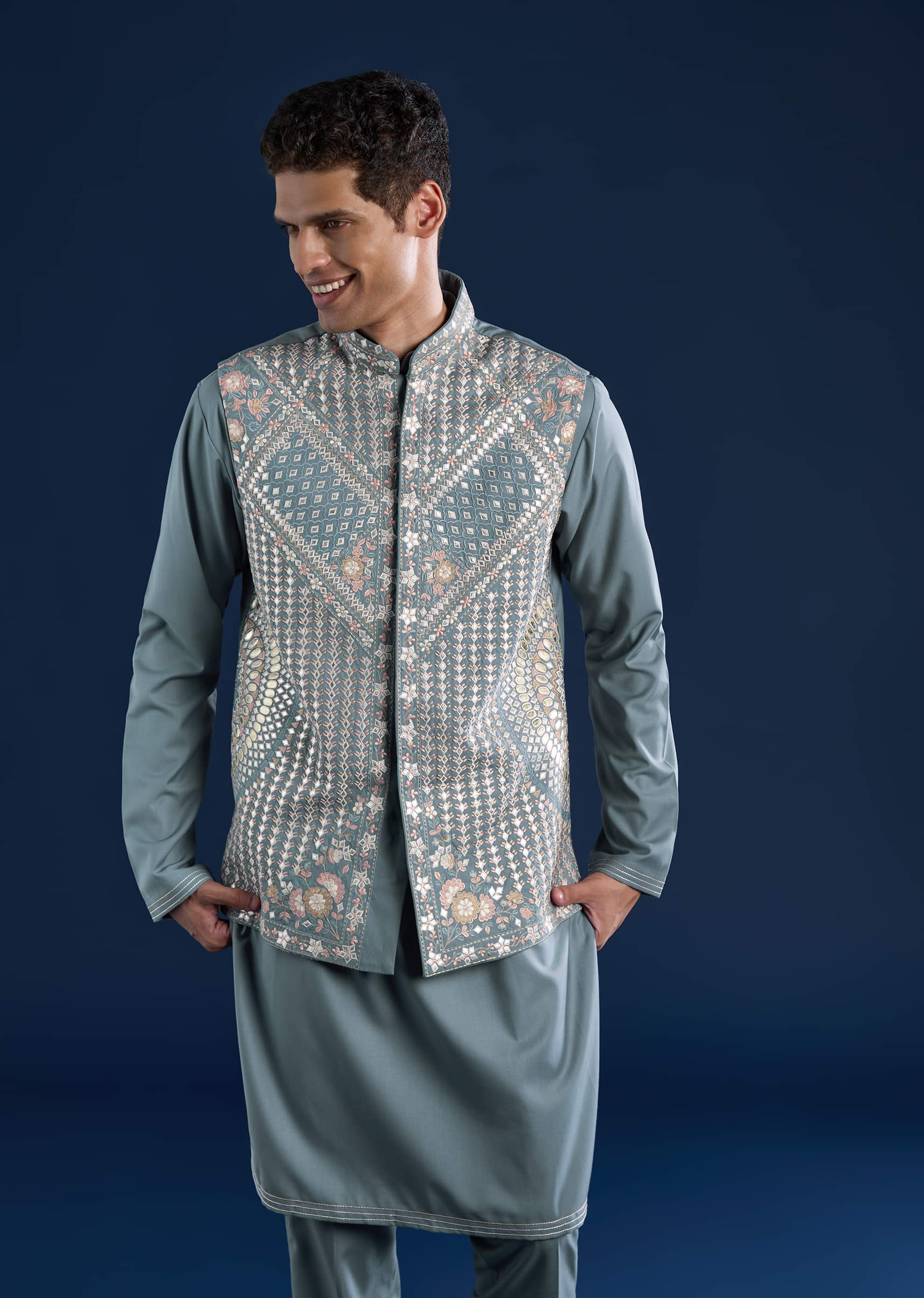 Blue Rayon Jacket Kurta Set with Gotta Patti - Image 4