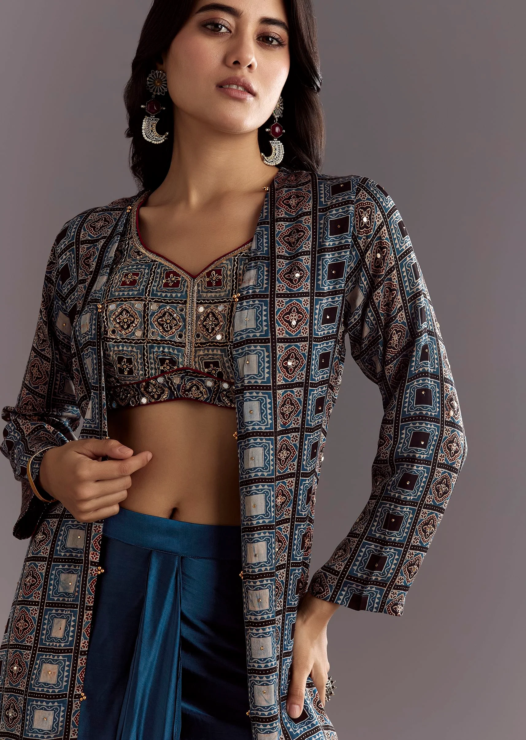Blue Satin Ajrakh Printed Indowestern Croptop Jacket With Mirror Work - Image 2