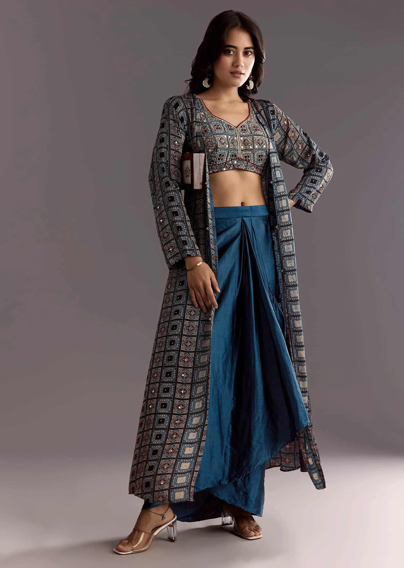Blue Satin Ajrakh Printed Indowestern Croptop Jacket With Mirror Work - Image 3