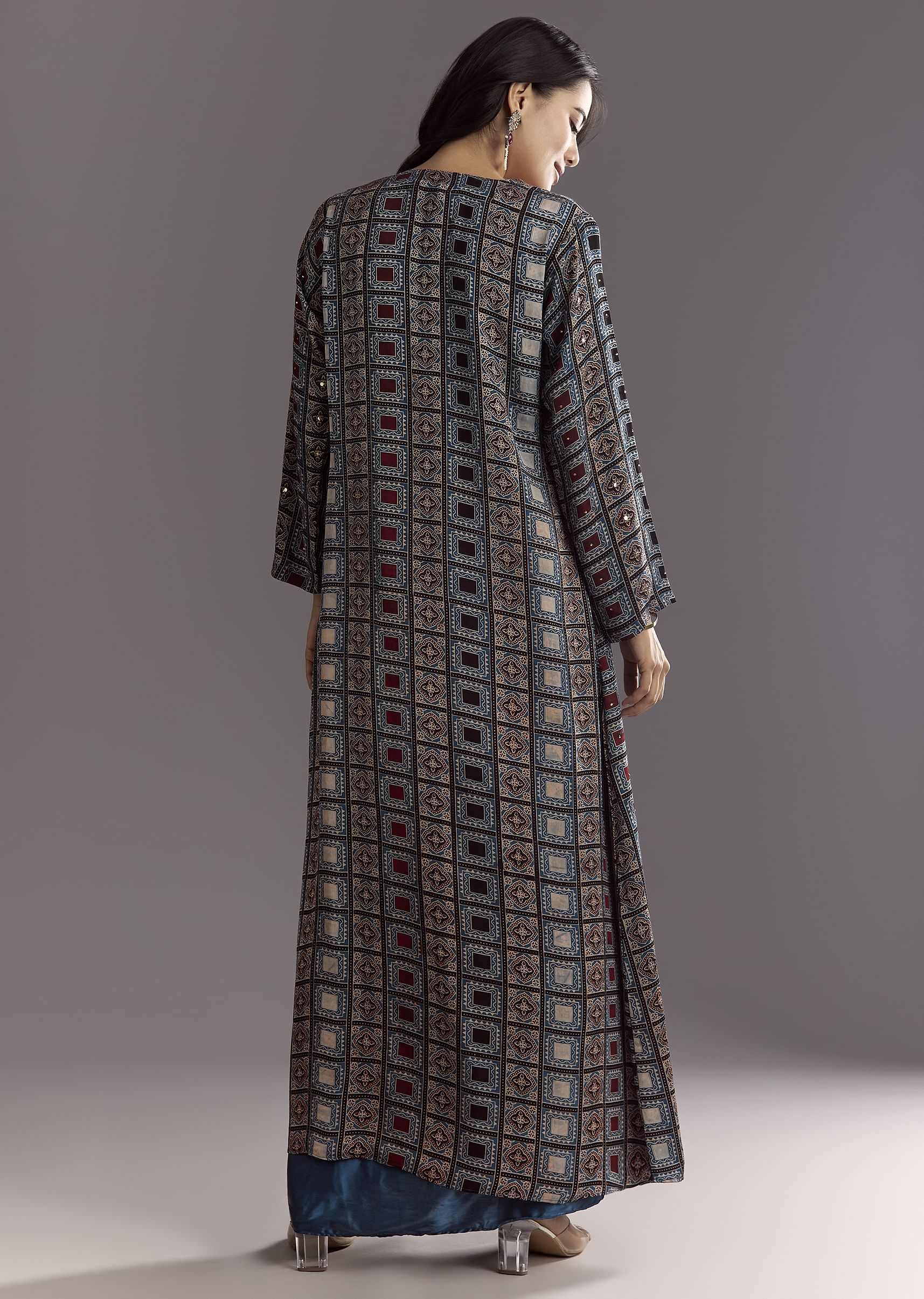 Blue Satin Ajrakh Printed Indowestern Croptop Jacket With Mirror Work - Image 5