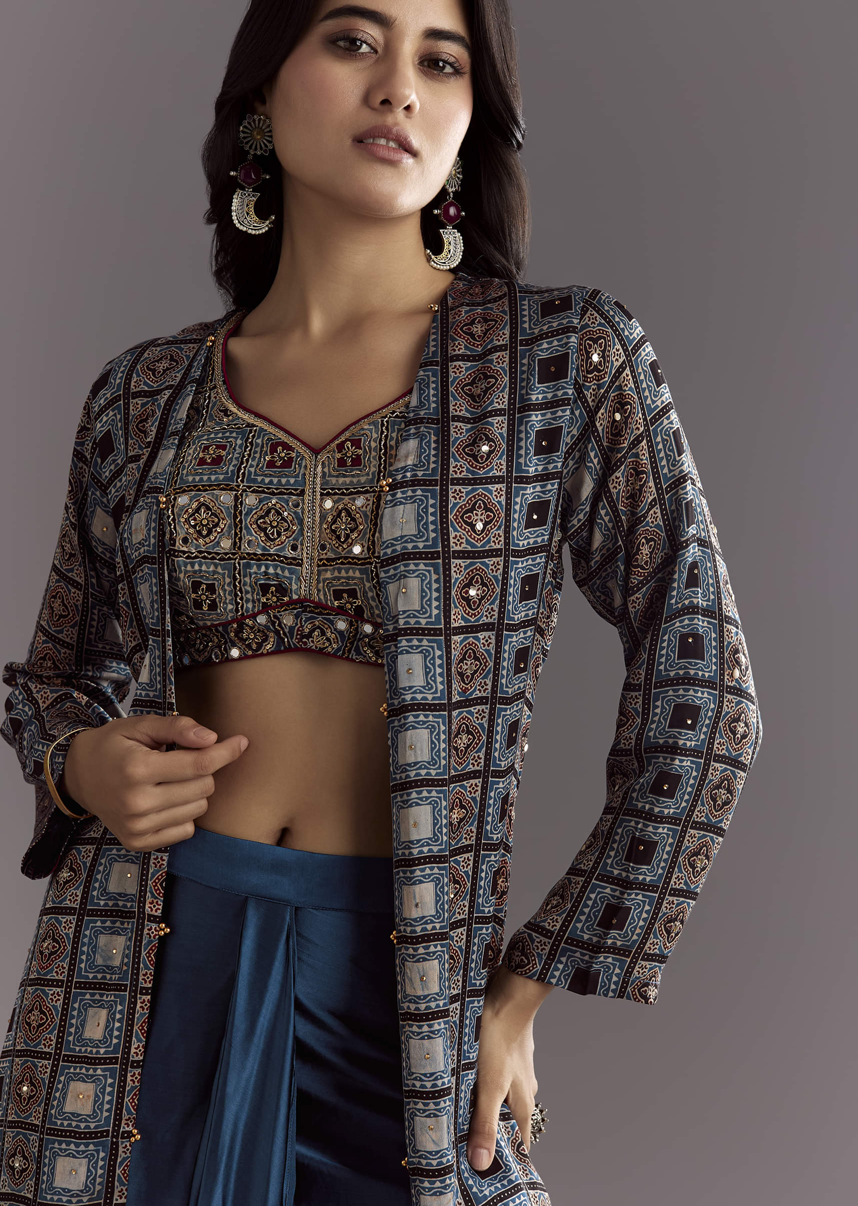 Blue Satin Ajrakh Printed Indowestern Croptop Jacket With Mirror Work - Image 7