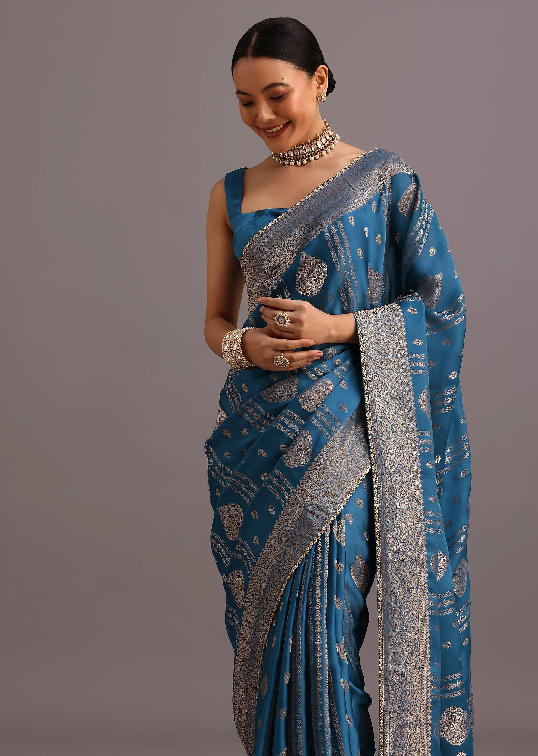 Blue Satin Silk Zari Woven Saree With Brocade Border - Image 4