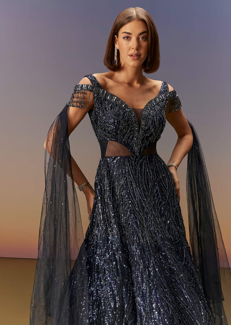 Blue Sequin Embroidered Gown With Tassel Detailing - Image 5