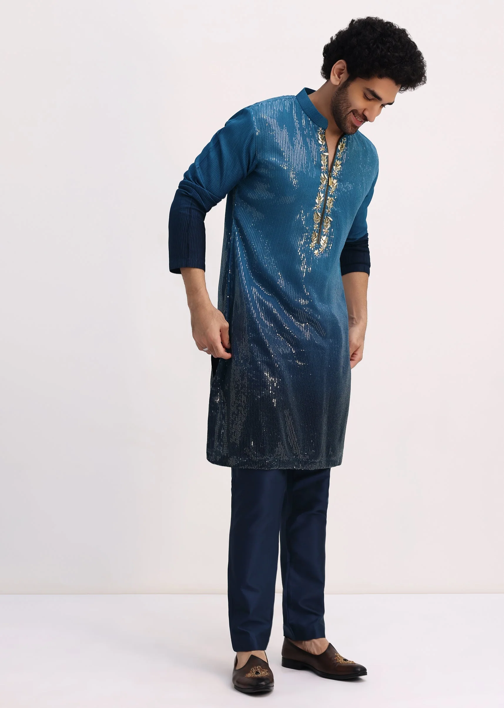 Blue Shaded Sequin Zipper Kurta With Navy Blue Pants - Image 3