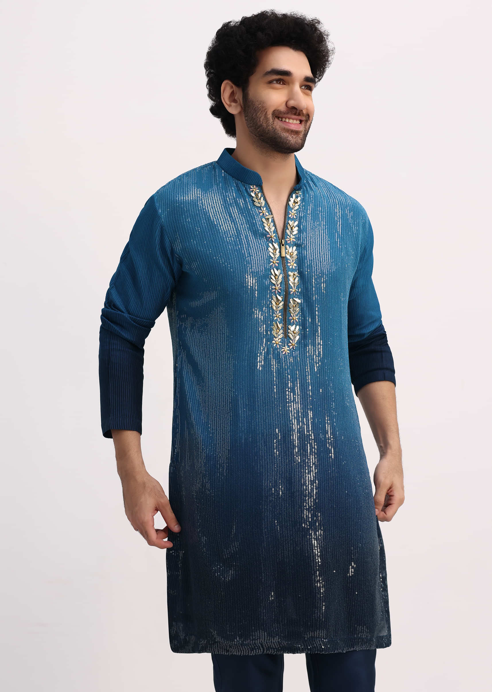 Blue Shaded Sequin Zipper Kurta With Navy Blue Pants - Image 4