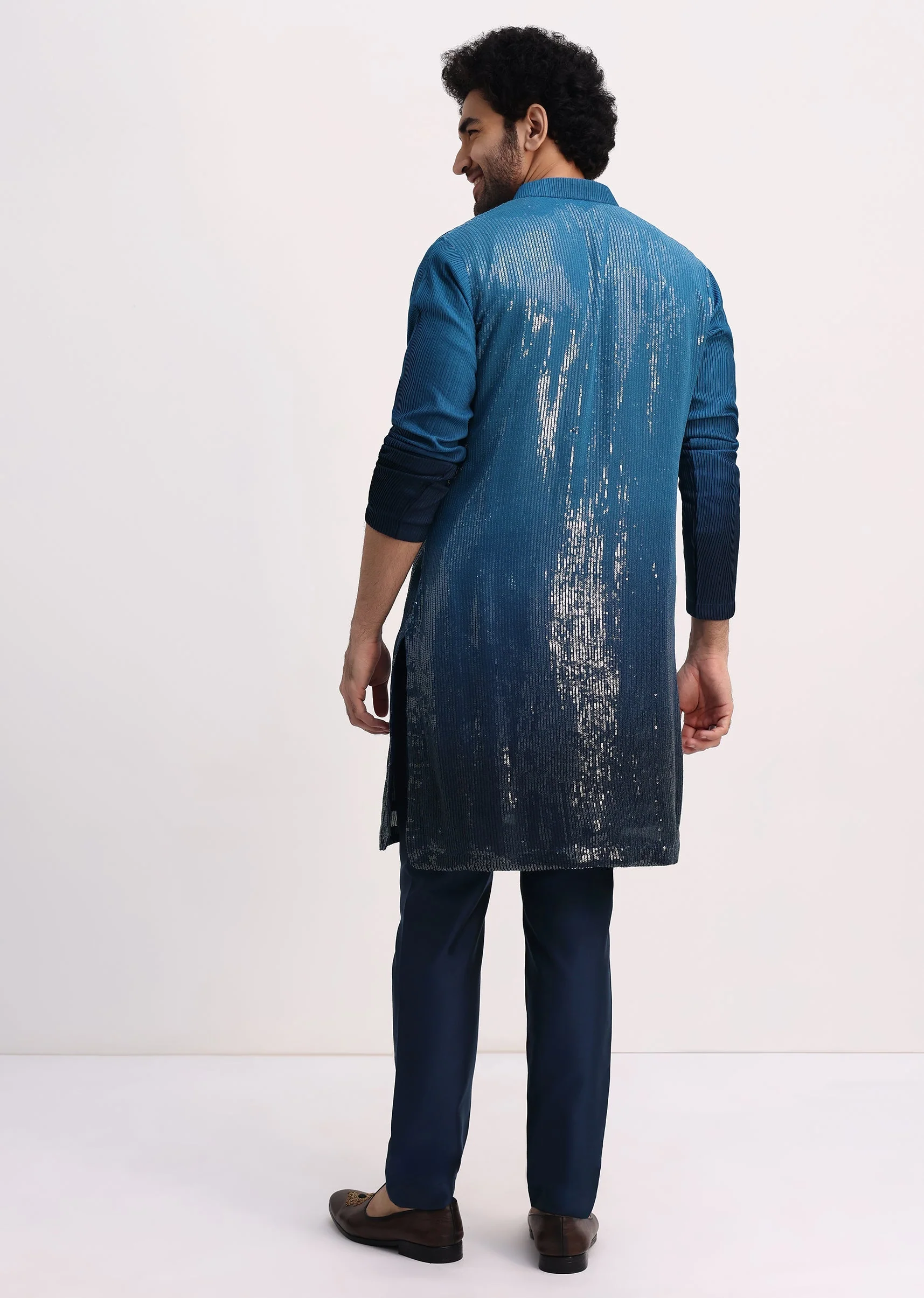 Blue Shaded Sequin Zipper Kurta With Navy Blue Pants - Image 5