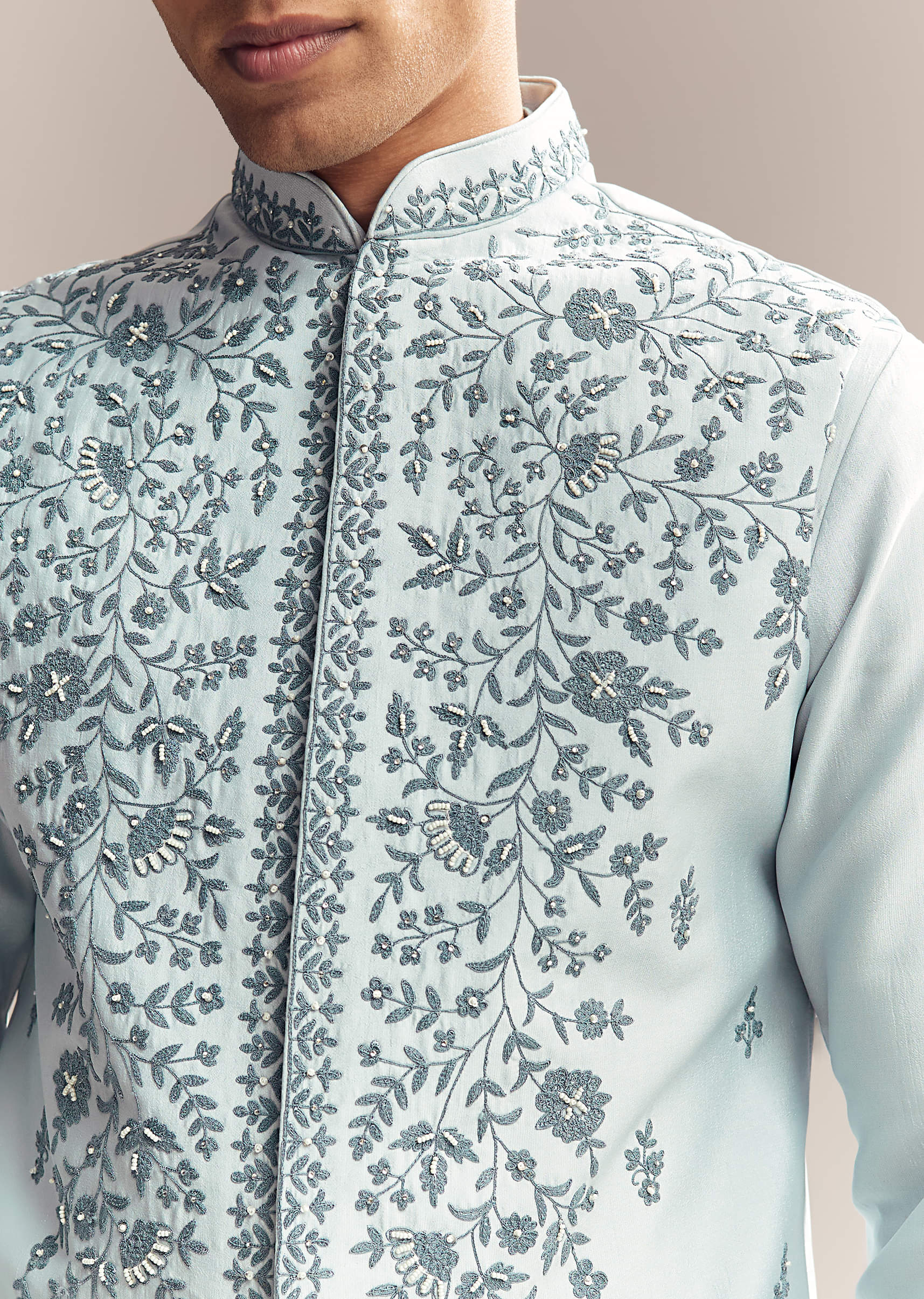 Blue Silk Kurta Jacket Set For Men With Moti Embroidery - Image 2