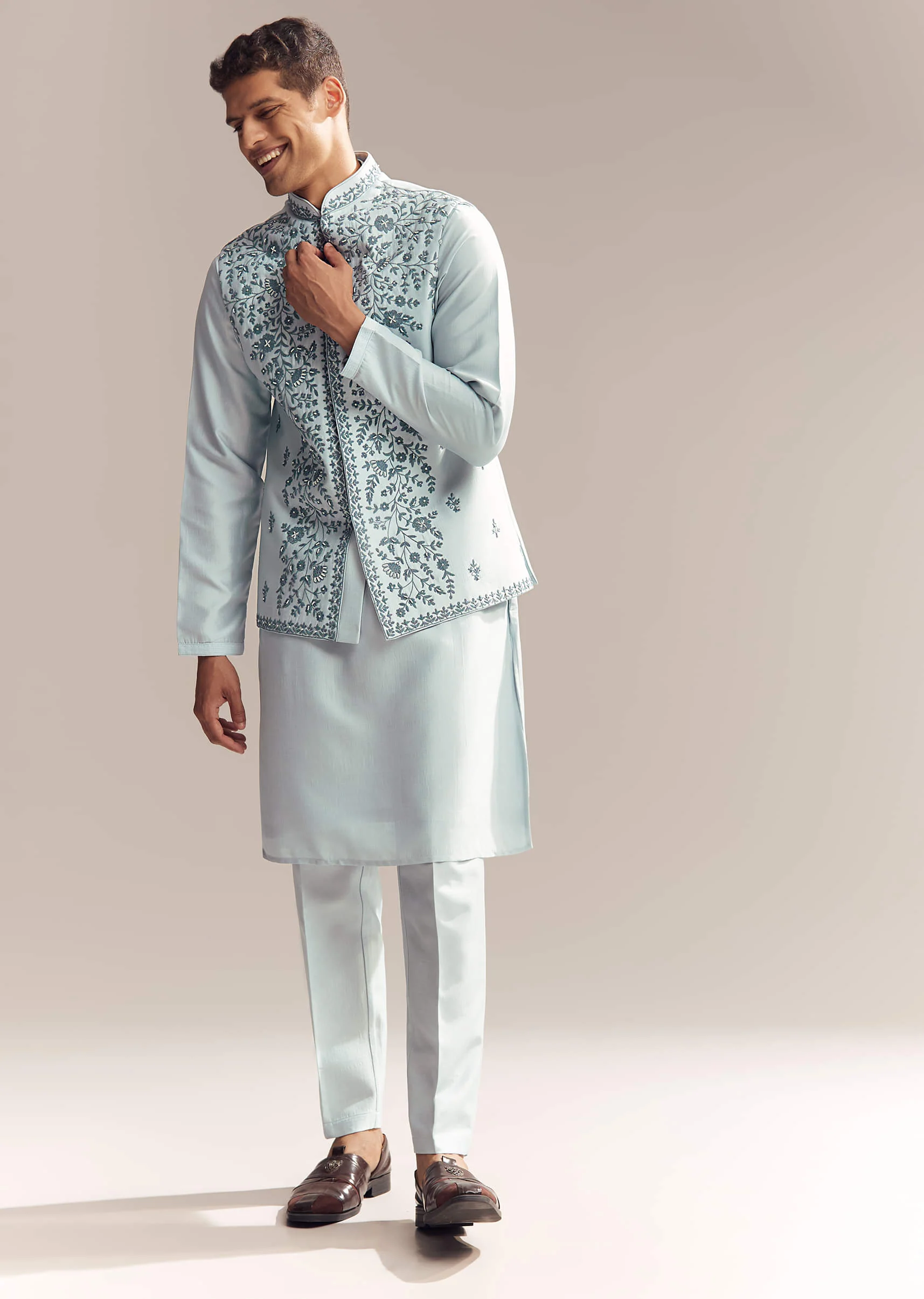 Blue Silk Kurta Jacket Set For Men With Moti Embroidery - Image 3