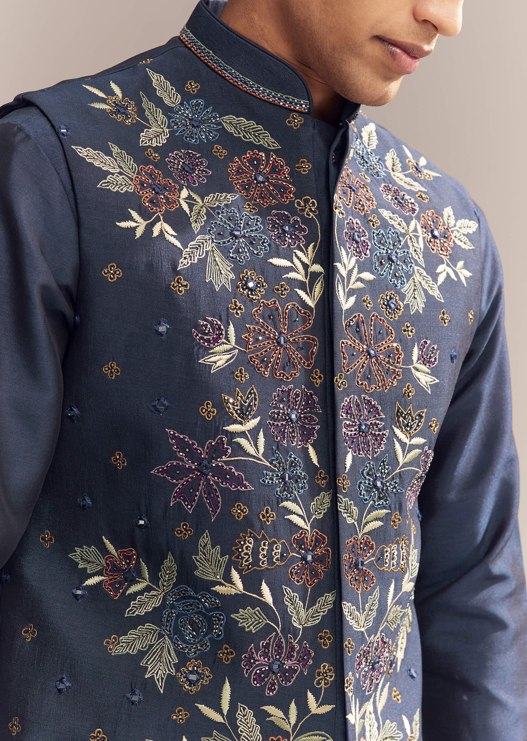 Blue Silk Kurta Jacket Set For Men With Resham Embroidery - Image 2