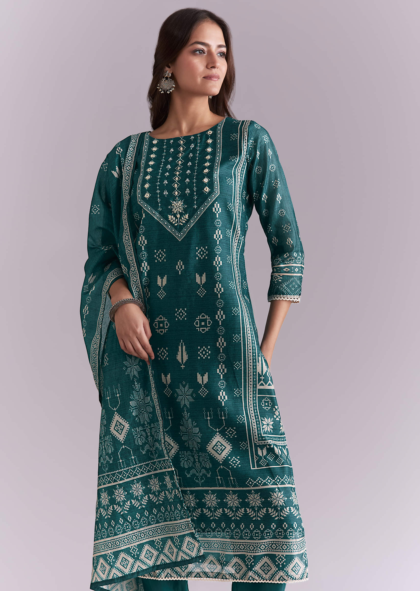 Blue Silk Kurta Set With Indie Print - Image 4