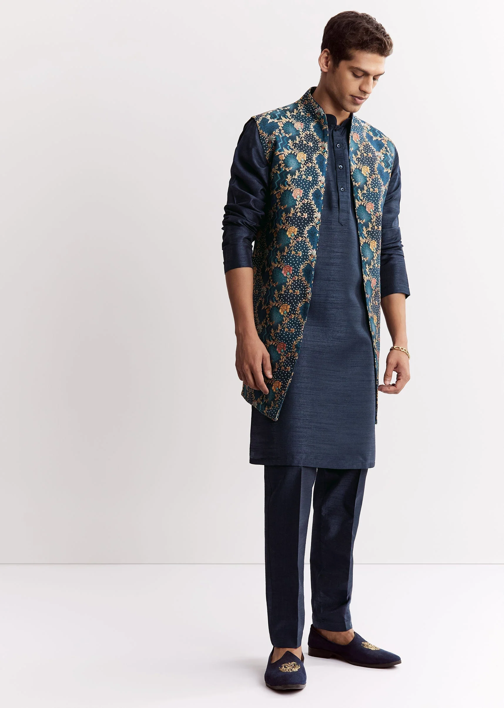 Blue Silk Printed Jacket Kurta Set With Floral Motifs - Image 2