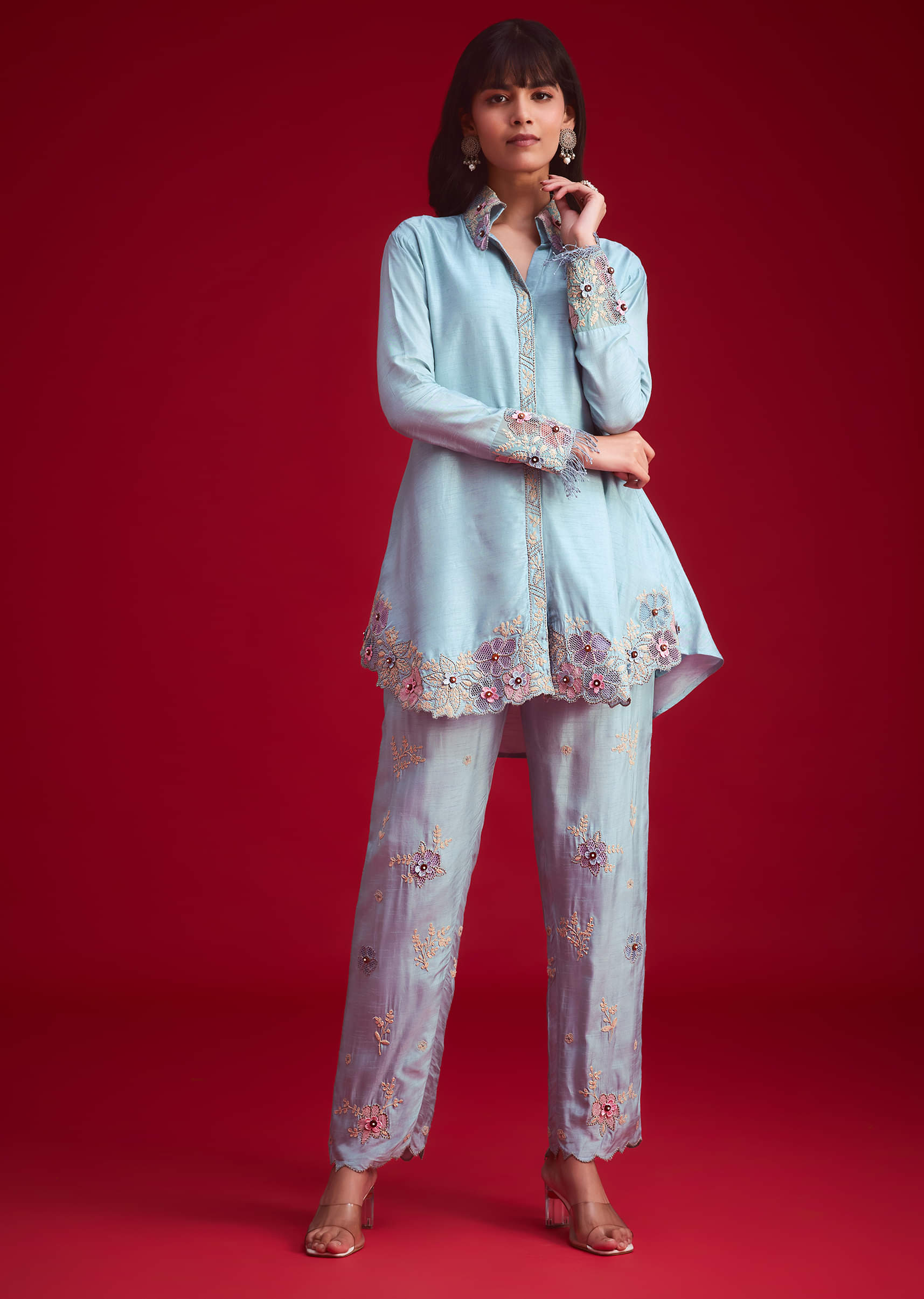 Blue Silk Threadwork And Patch Work Kurta Pant Set - Image 7