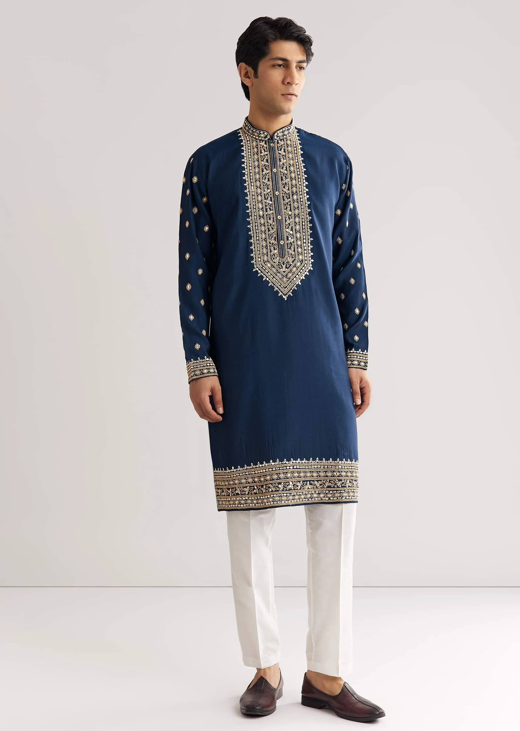 Blue Silk Yoke Embroidered Kurta Set With Gotta And Resham Work - Image 4