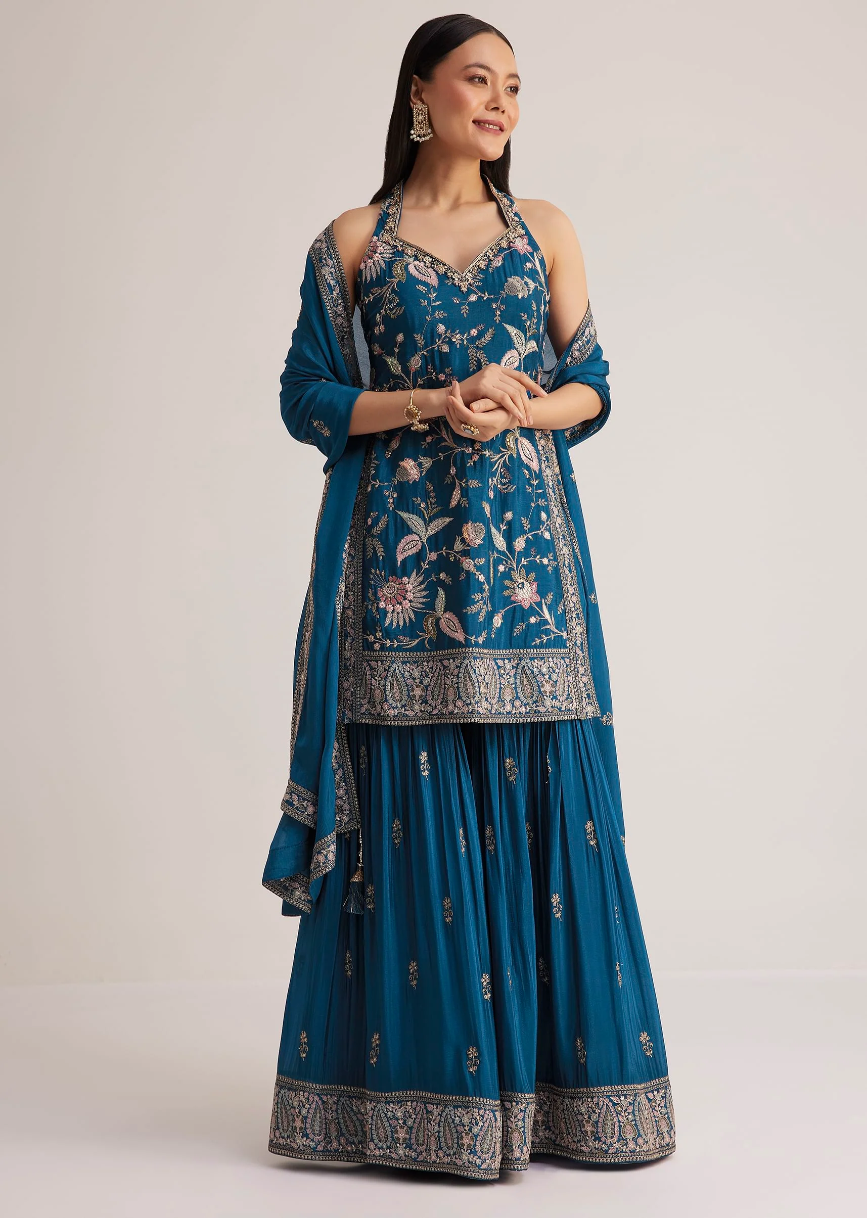 Blue Thread Work Sharara Suit With Dupatta - Image 3