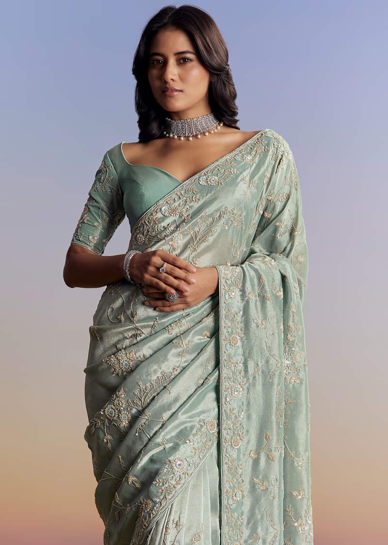 Blue Tissue Saree With Cutdana Sequins And Beads Hand Embroidery - Image 5