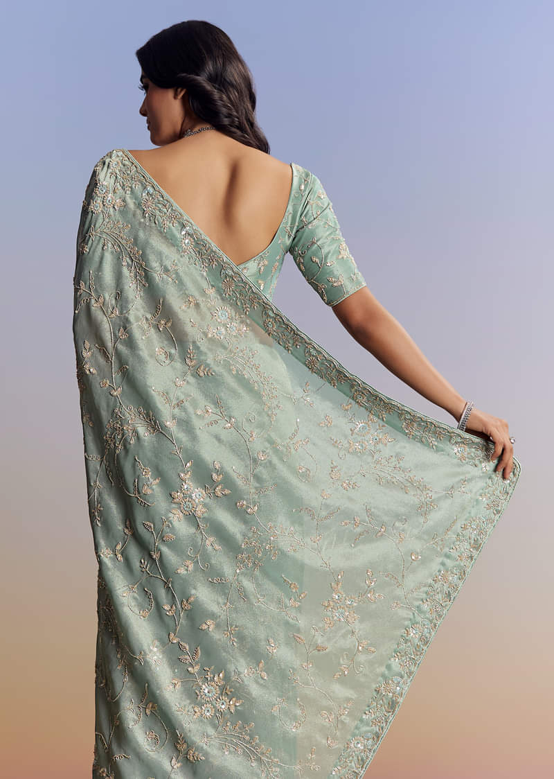 Blue Tissue Saree With Cutdana Sequins And Beads Hand Embroidery - Image 6