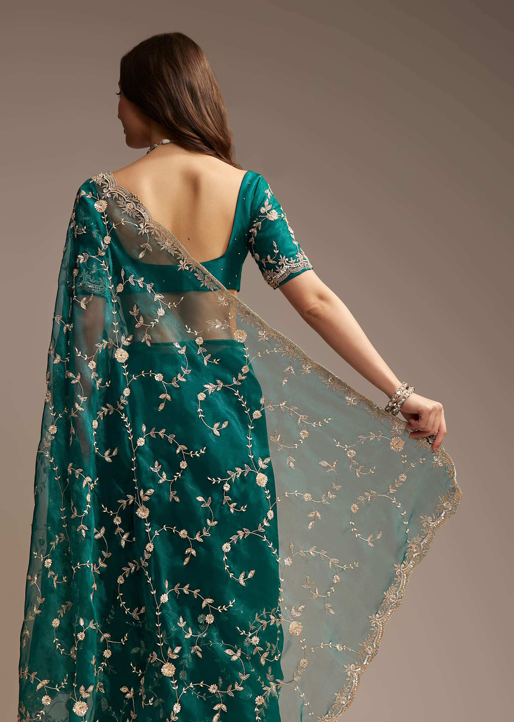 Blue Tissue Saree with Heavy Floral Jaal Embroidery - Image 3