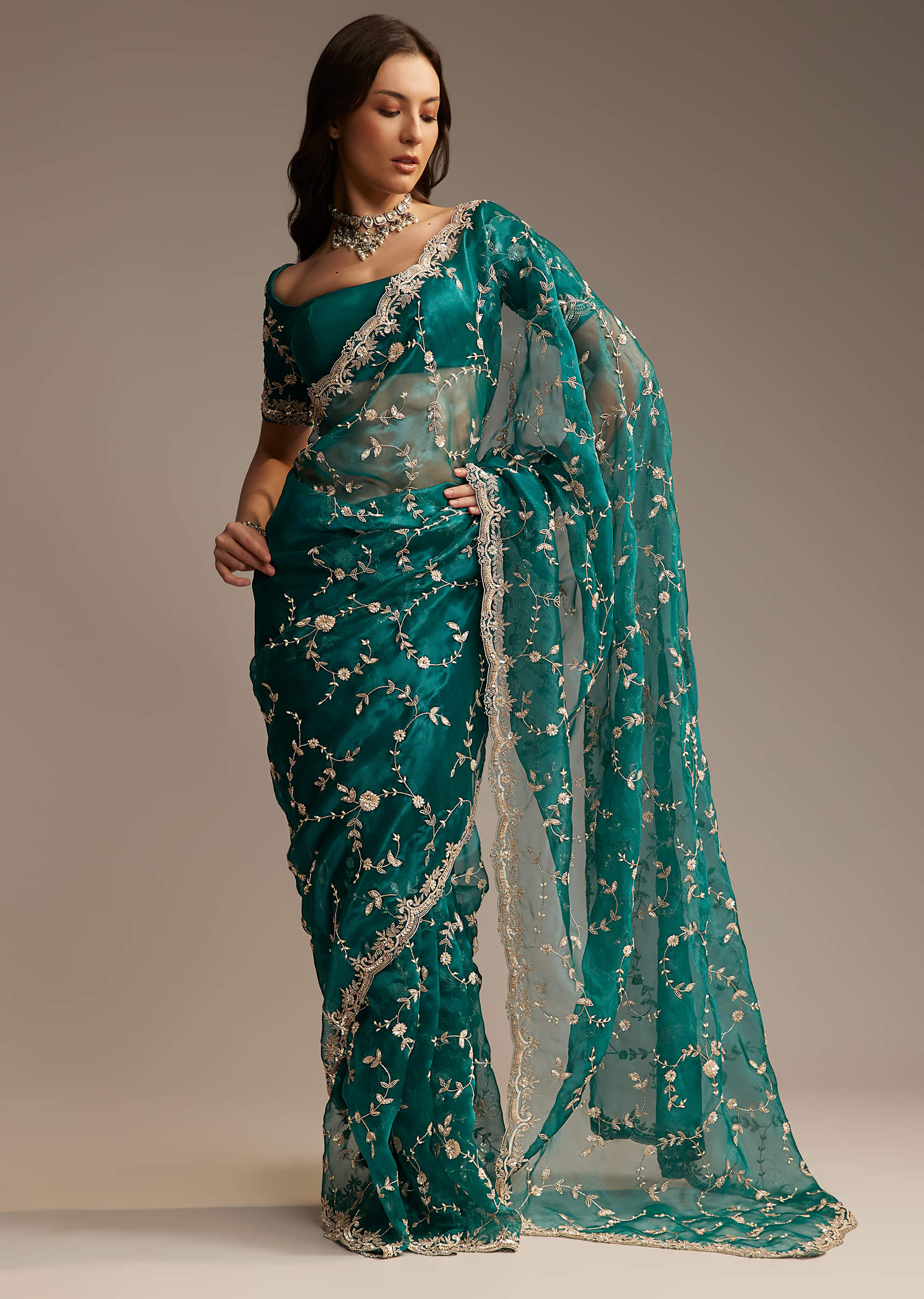 Blue Tissue Saree with Heavy Floral Jaal Embroidery - Image 9