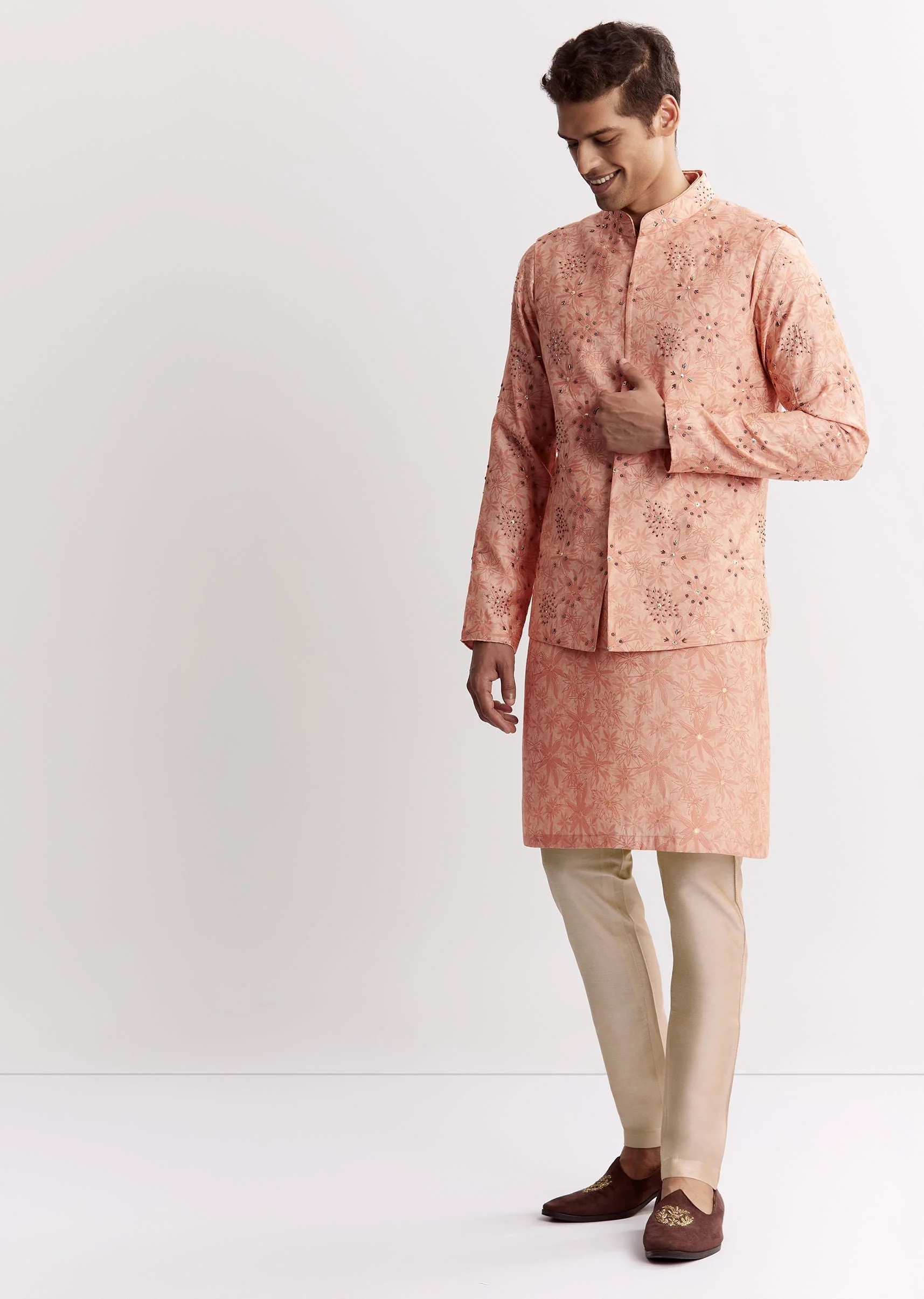 Blush Peach Silk Kurta Jacket Set With Sequins And Moti Detailing - Image 2